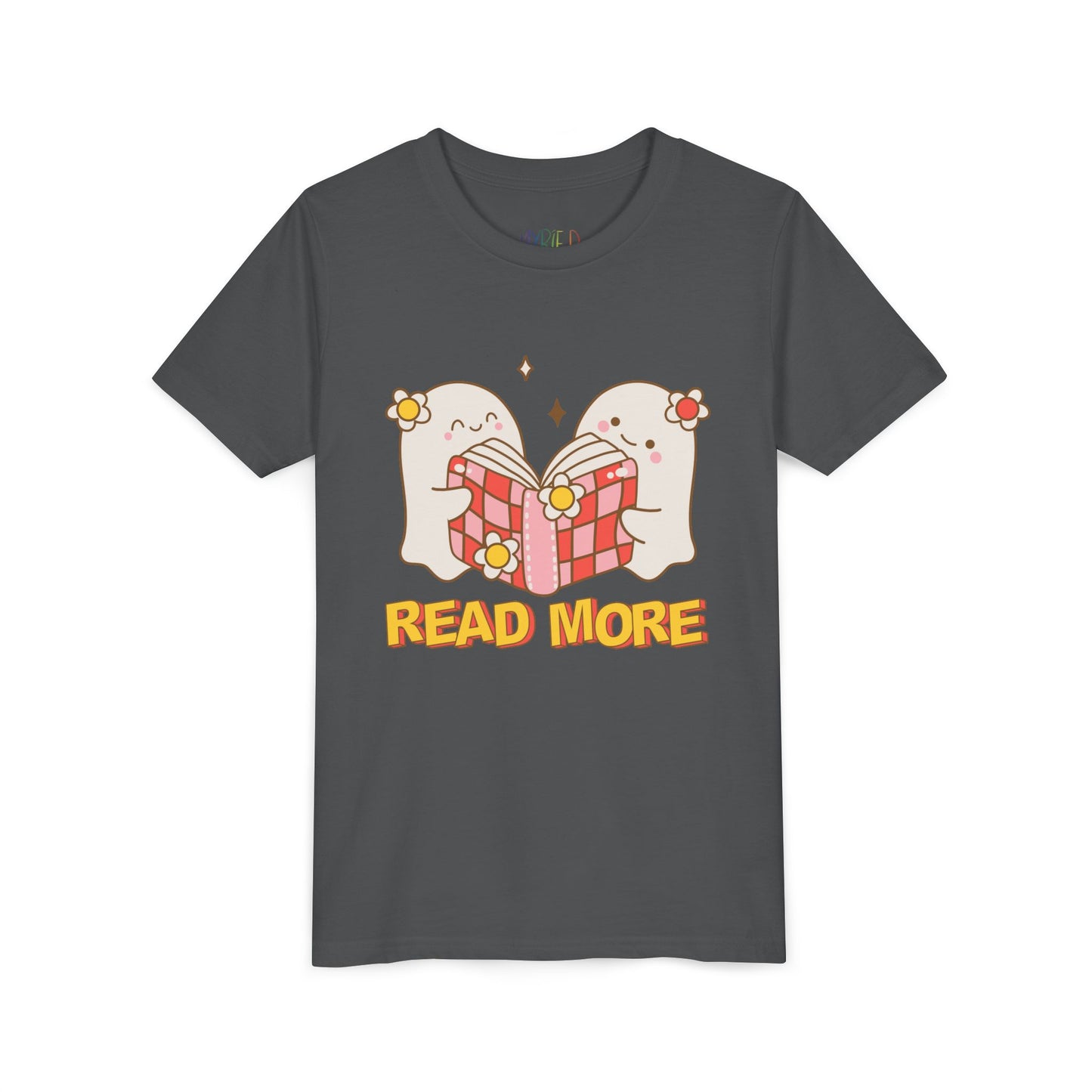 Gray t-shirt with cartoon ghosts reading a shared book and 'Read More' text 