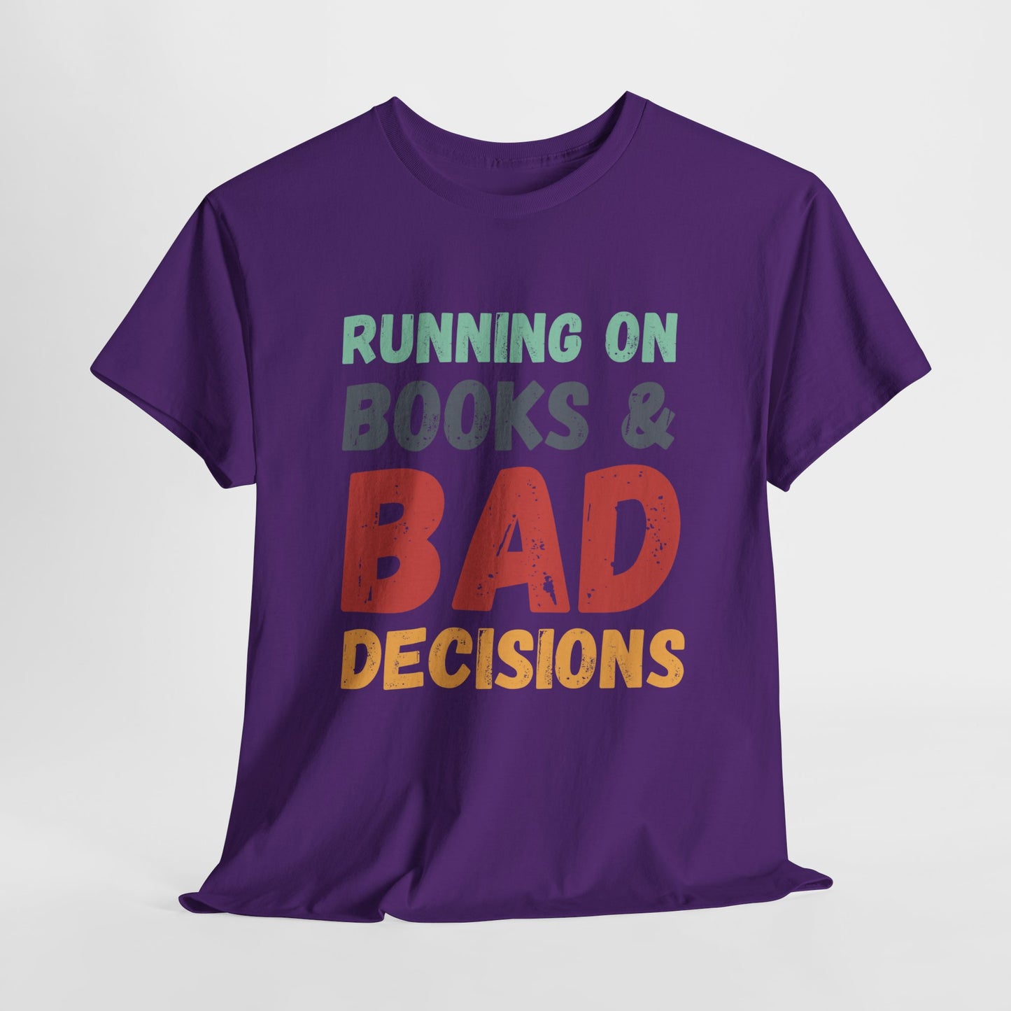 Teen/Adult Unisex Running on Books & Bad Decisions Tee – Funny Retro Reader Shirt for Book Addicts