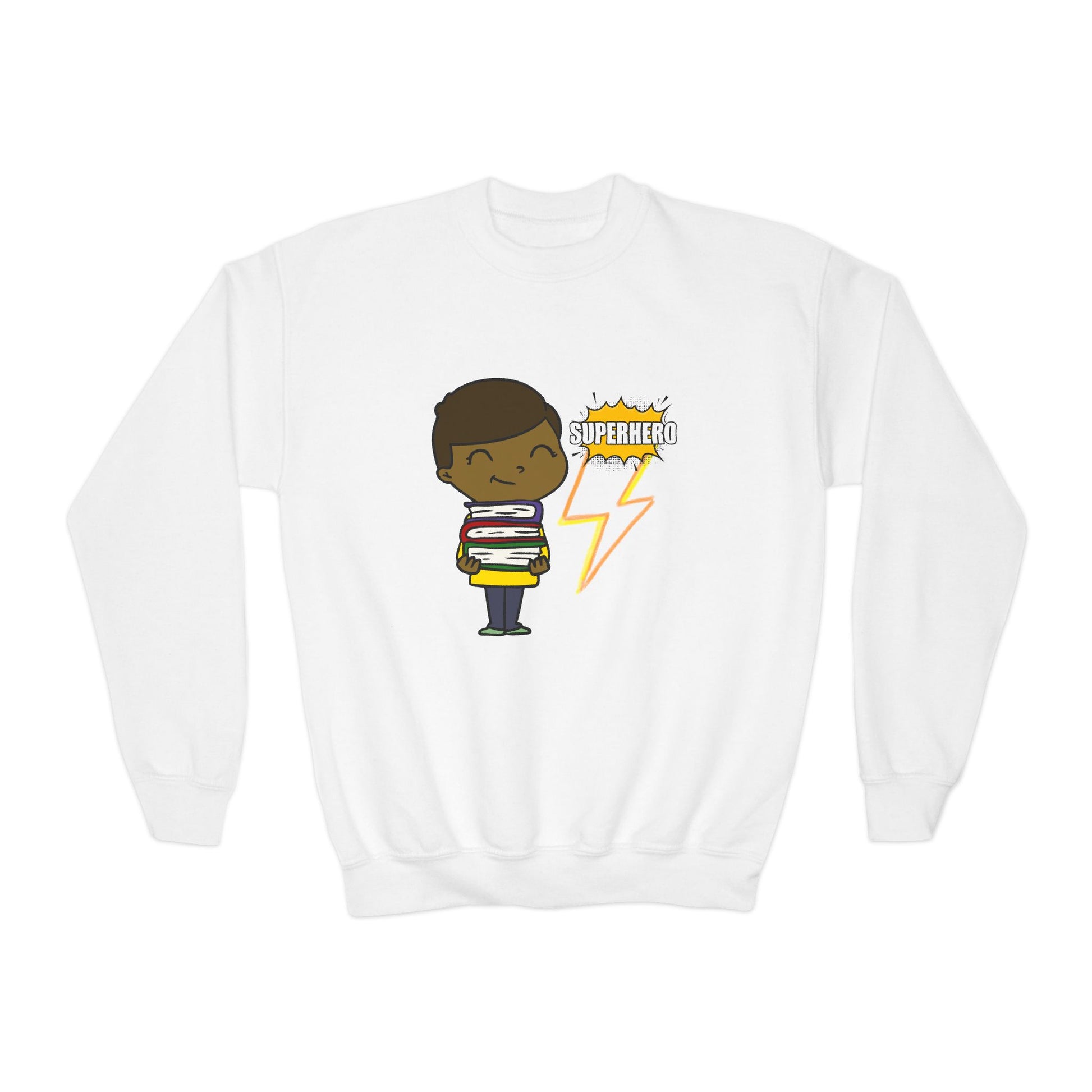 White sweatshirt with a cartoon kid holding a stack of books and a lightning bolt with text 'Superhero' 