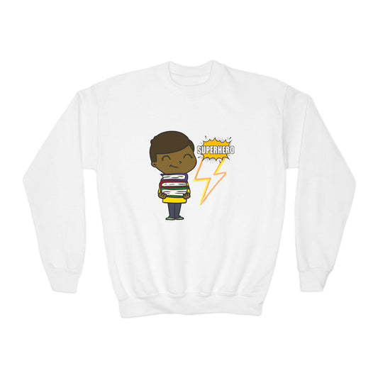 White sweatshirt with a cartoon kid holding a stack of books and a lightning bolt with text 'Superhero' 