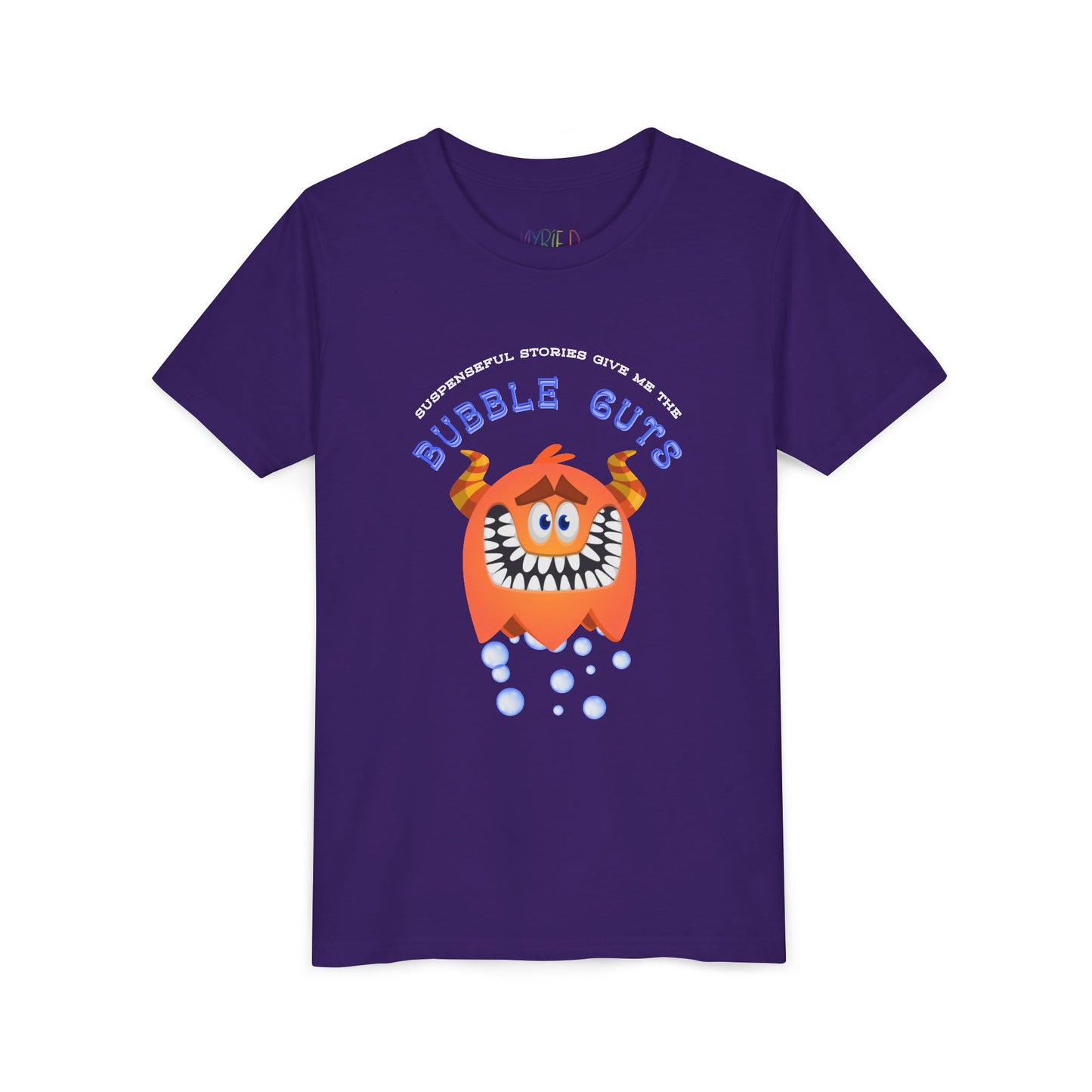 Purple t-shirt with bubbles coming from a sheepish and toothy cartoon monster, text 'Suspenseful Stories Give Me This...Bubble Guts'