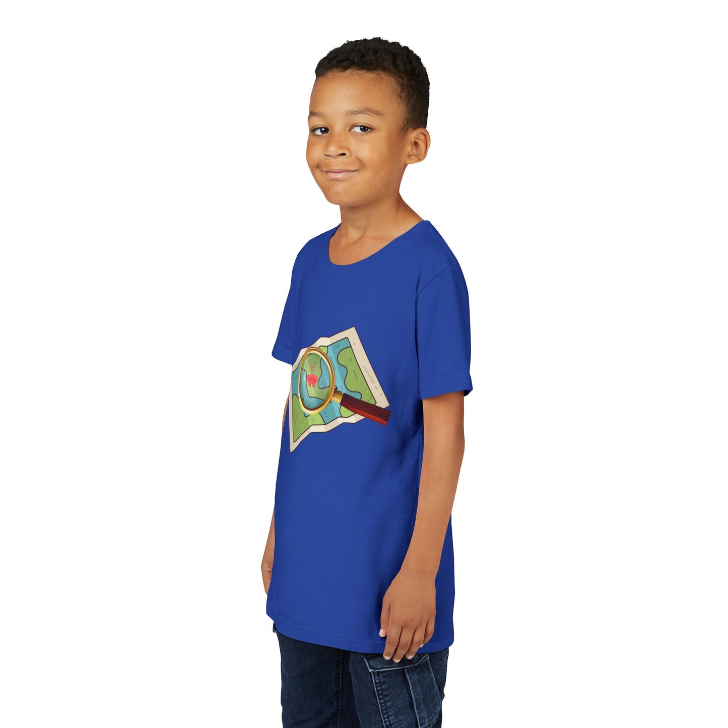 Boy wearing a blue t-shirt with a map and a magnifying glass highlighting two heart characters