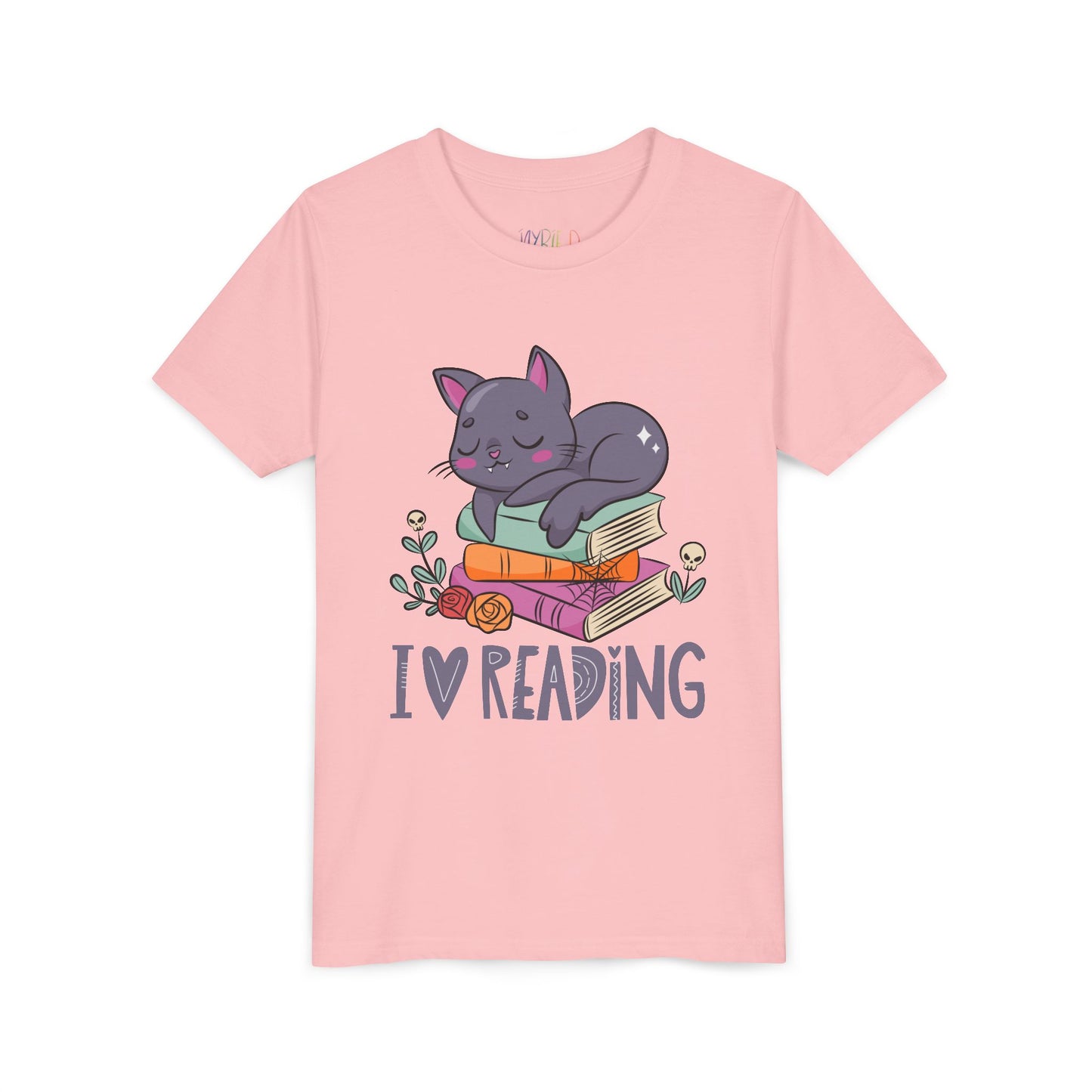 Pink t-shirt with a cat snoozing on a stack of books and 'I love reading' text 
