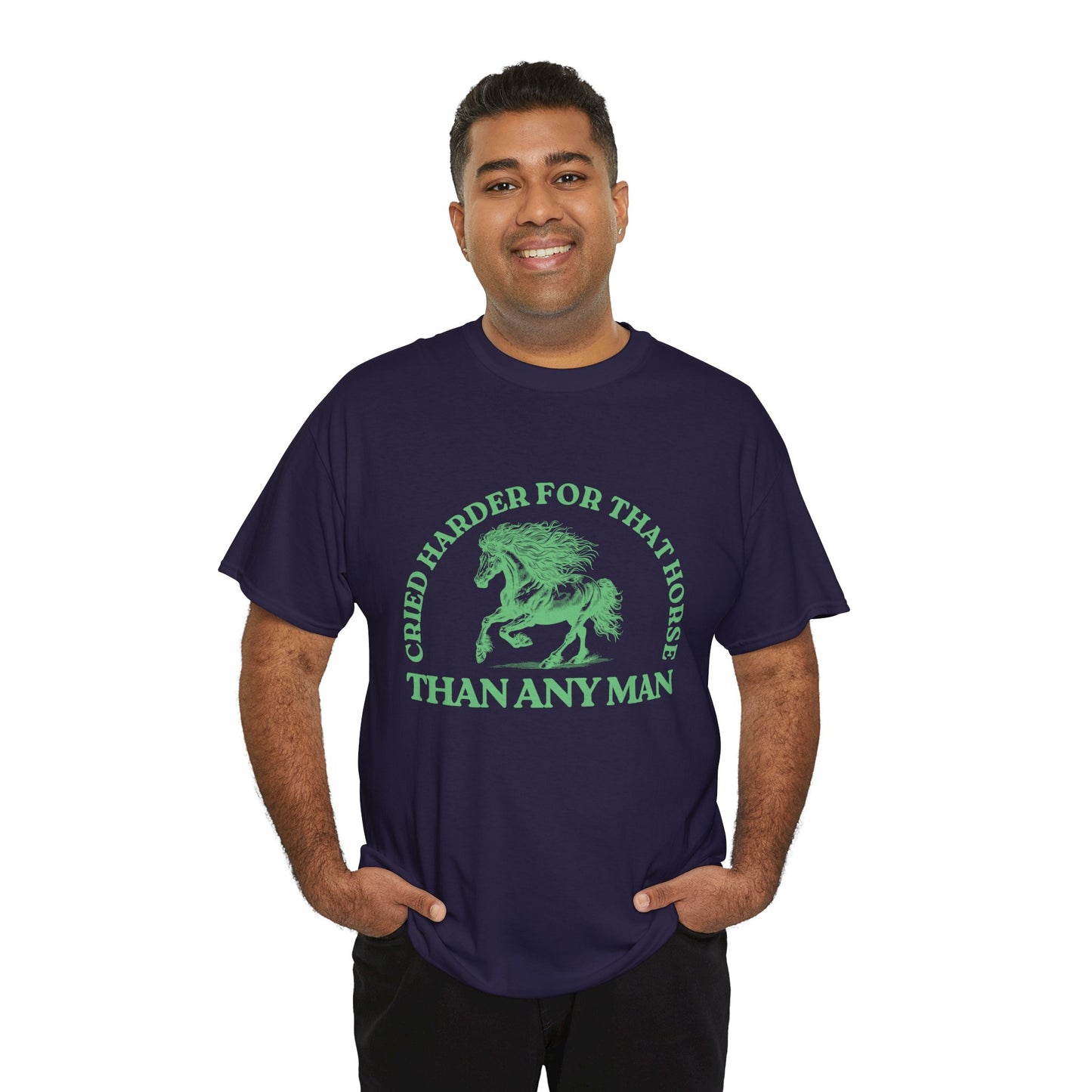 Man wearing a navy blue t-shirt with a green running stallion and green text 'Cried Harder For That Horse Than Any Man'