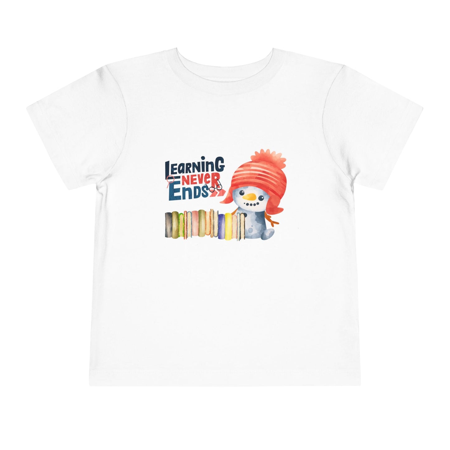 White toddler t-shirt with a snowman, a row of books and 'Learning Never Ends' text on a white background