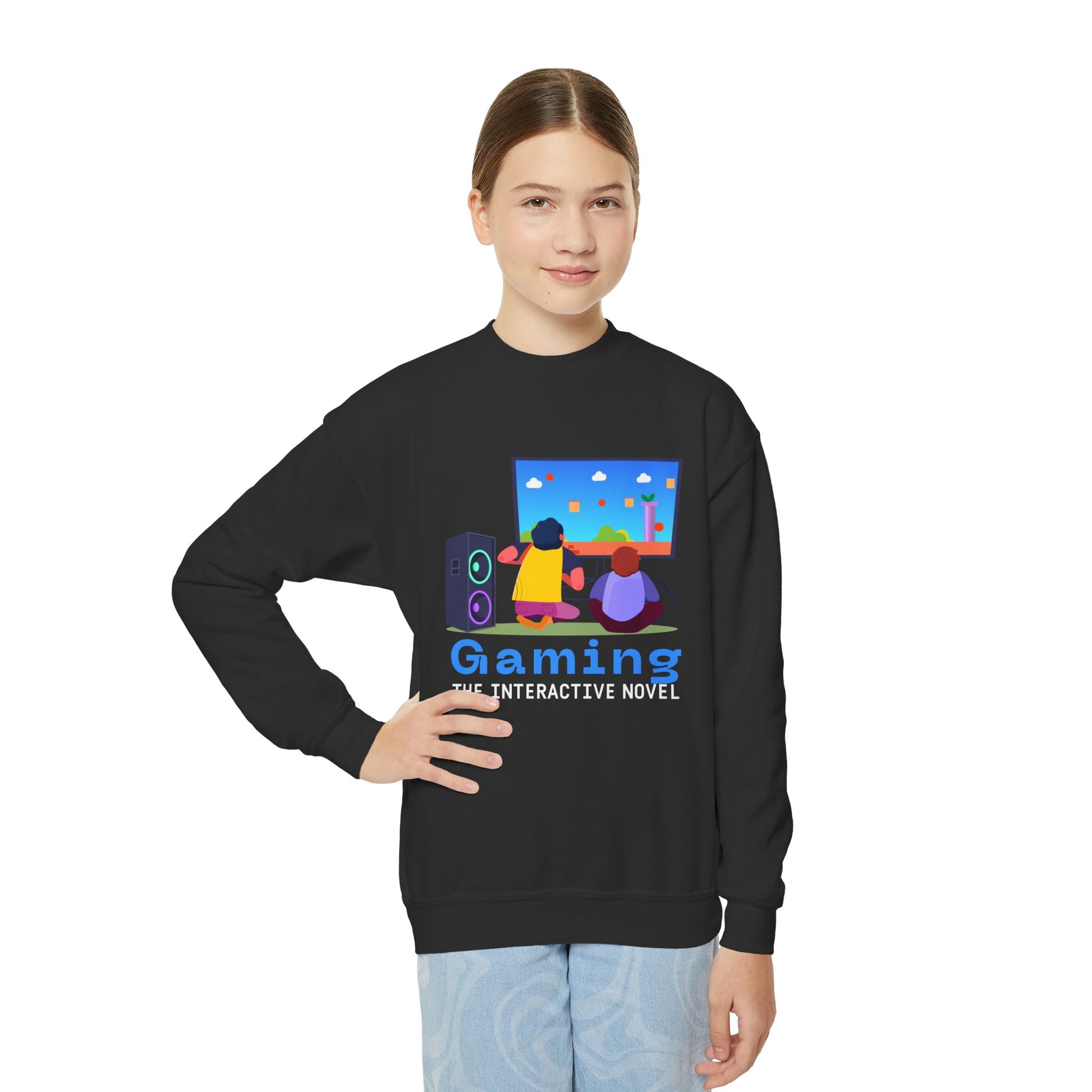Girl wearing a black sweatshirt with colorful gaming graphic and text 'Gaming The Interactive Novel' 