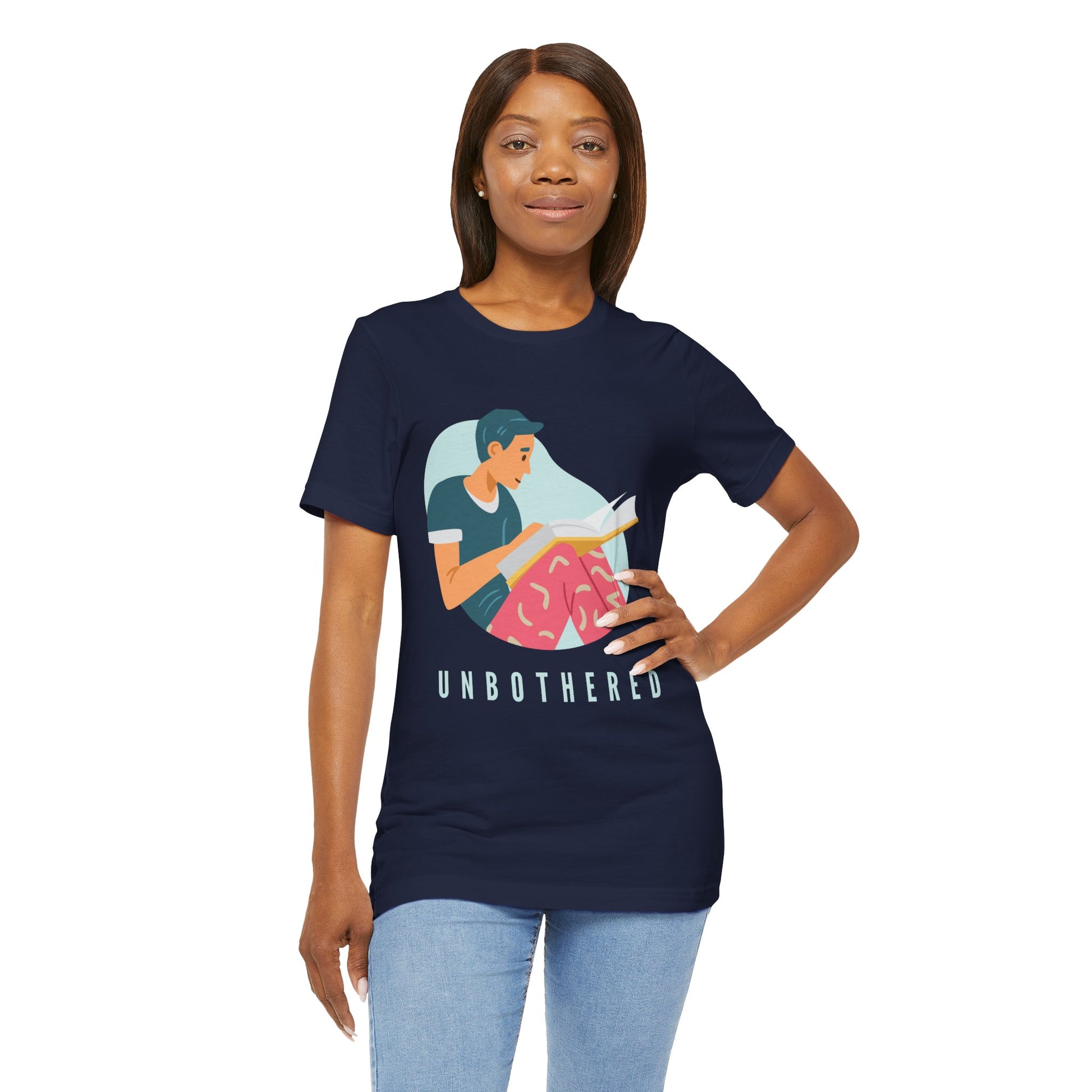 Woman wearing a navy blue t-shirt with a man reading a book and 'UNBOTHERED' text 