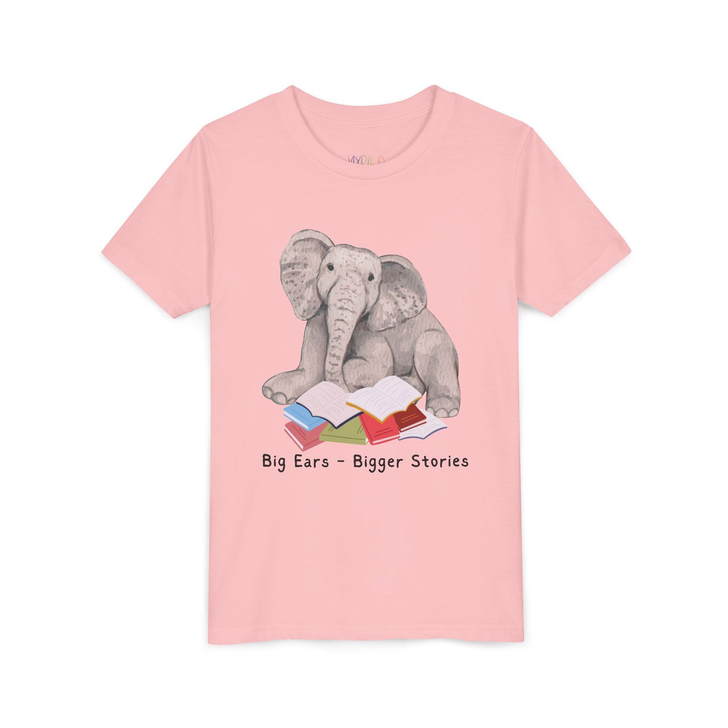 Youth Big Ears – Bigger Stories Tee – Elephant Reading Shirt for Thoughtful Little Listeners