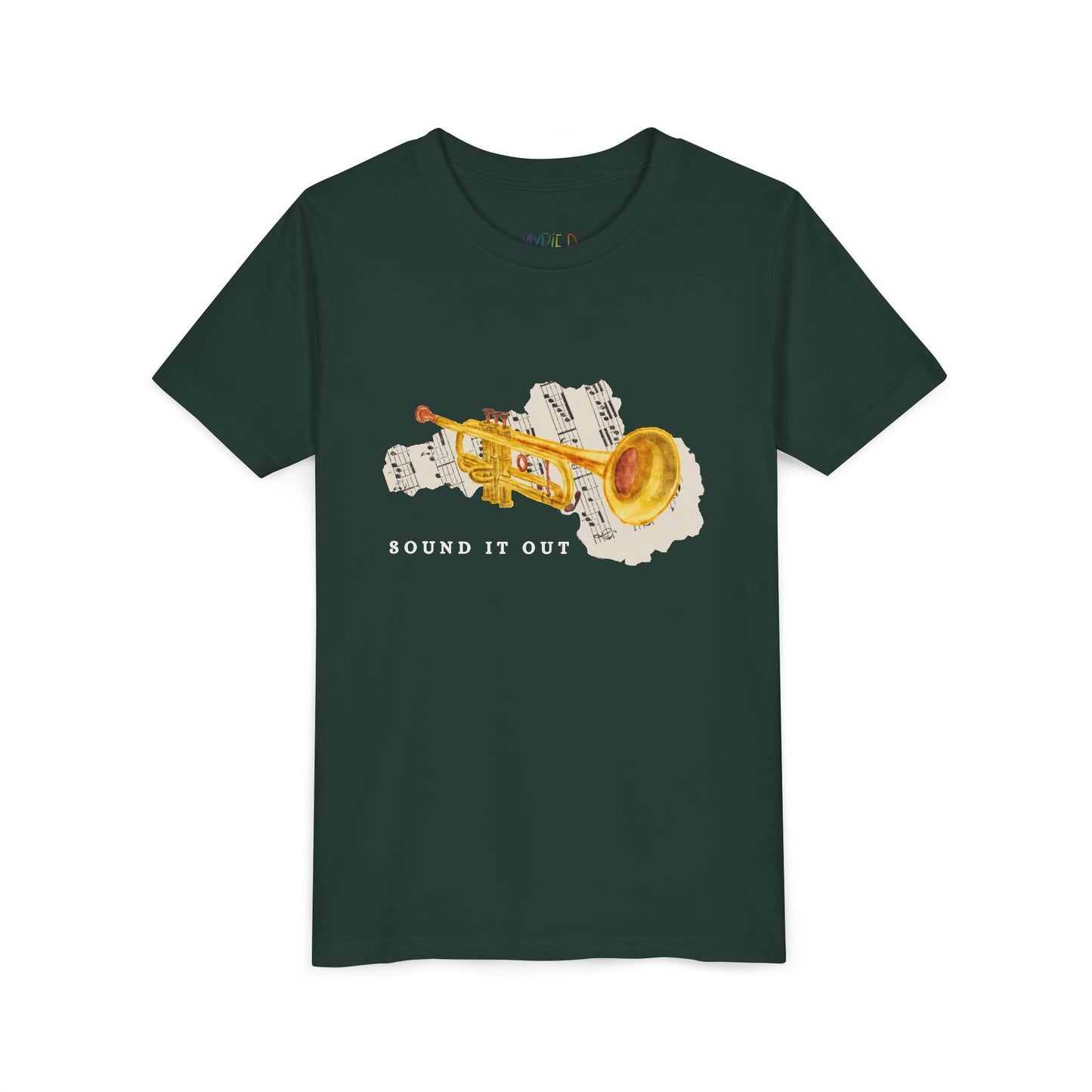 Dark green t-shirt with a gold trumpet, torn music sheet and 'SOUND IT OUT' text 