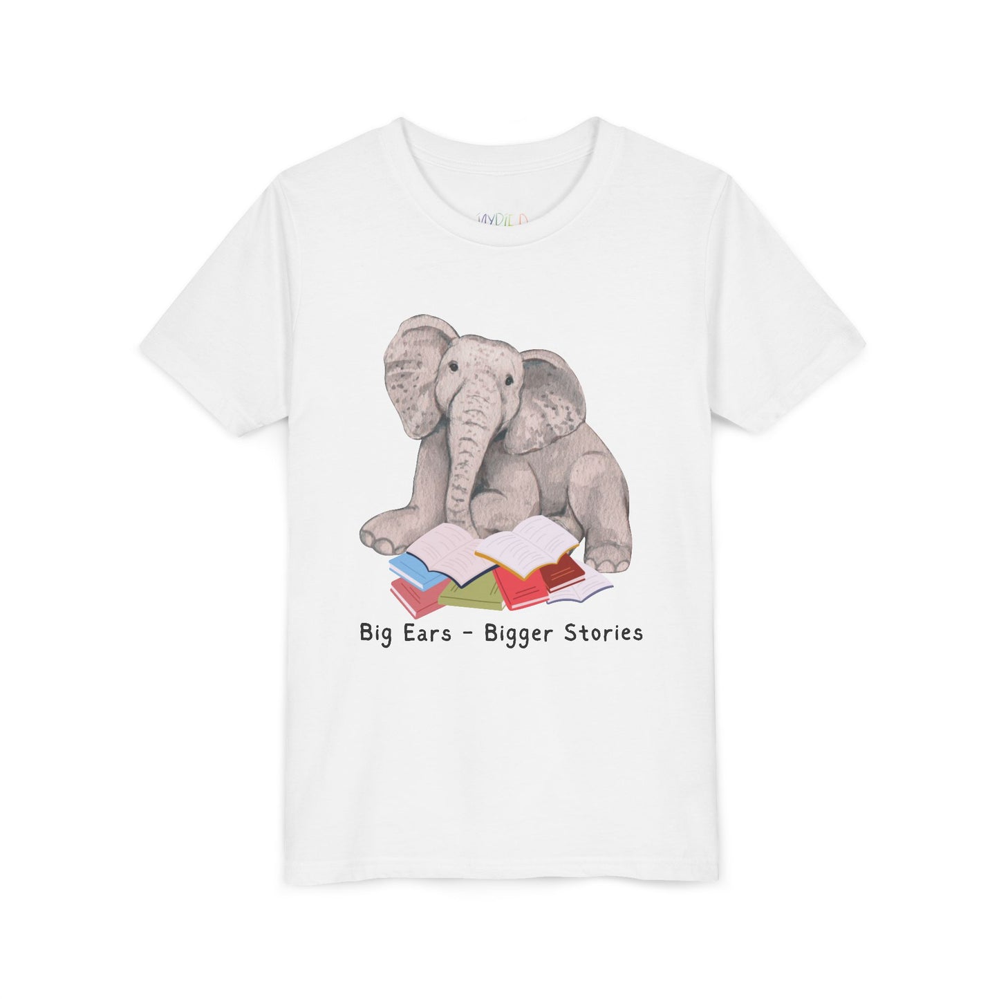 Youth Big Ears – Bigger Stories Tee – Elephant Reading Shirt for Thoughtful Little Listeners
