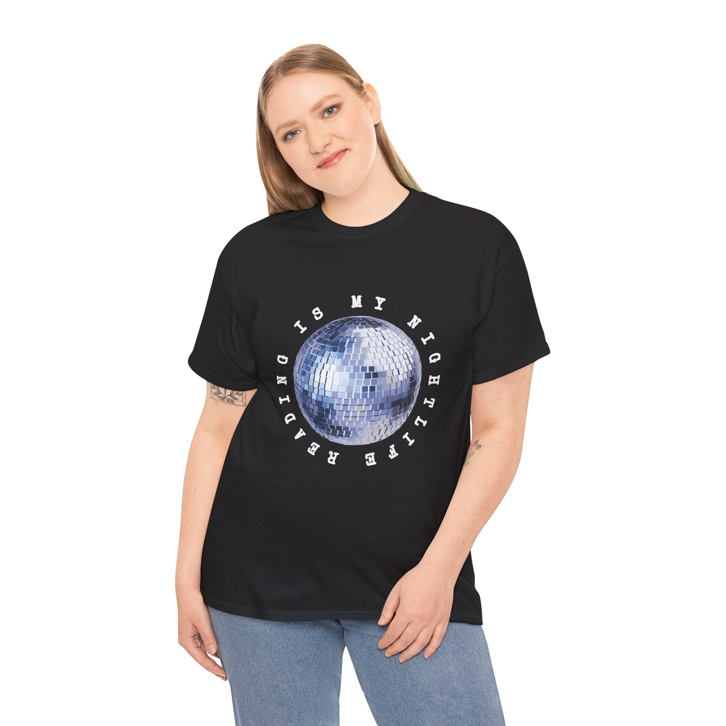 Woman wearing a black t-shirt with a disco ball graphic and text 'Reading Is My NightLife'
