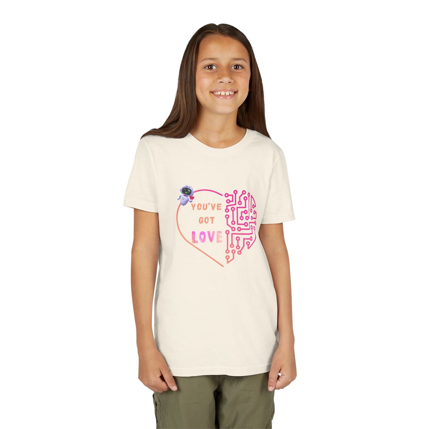 Girl wearing a beige t-shirt with a heart-shaped design with computer connections, a robot holding a heart and text 'You've Got Love'