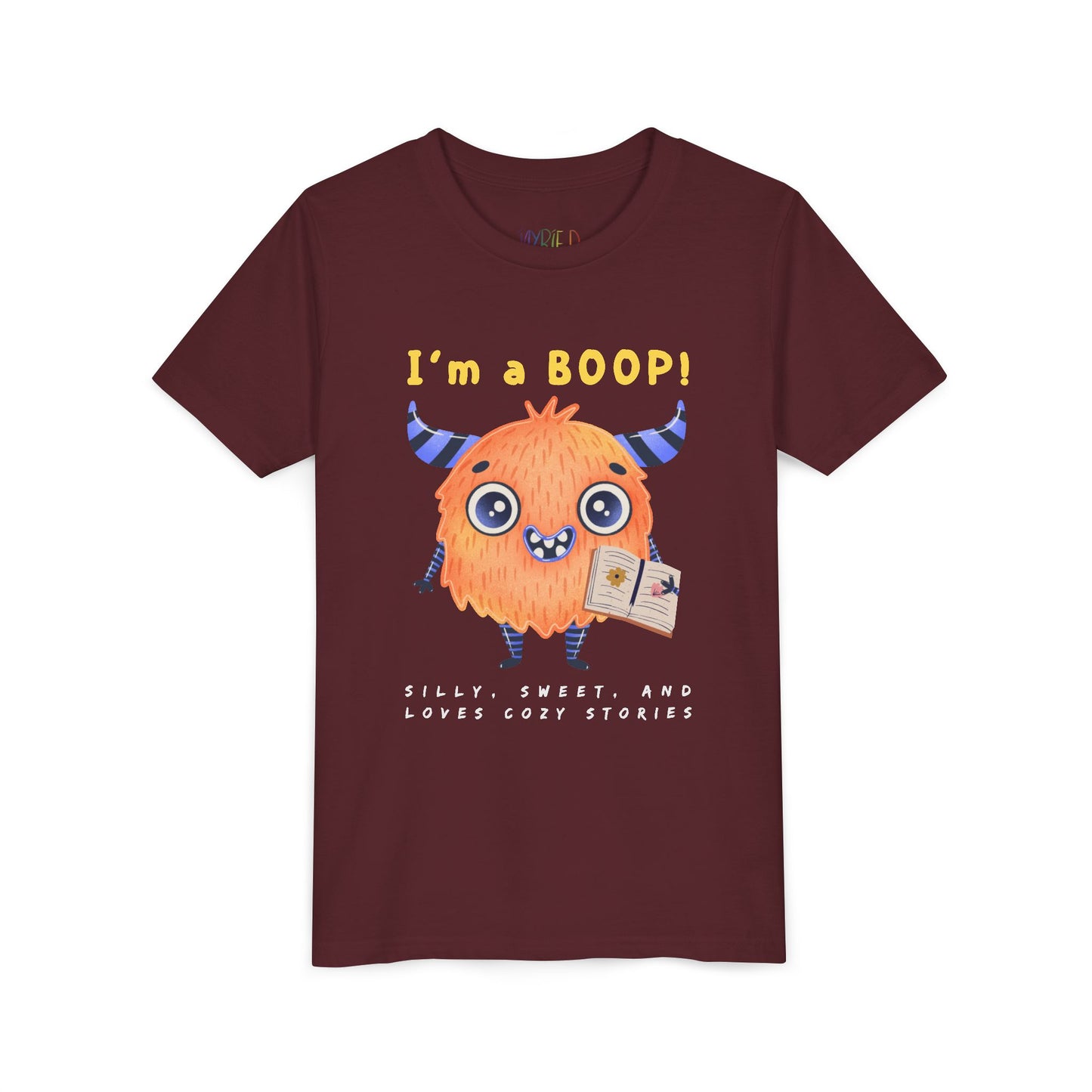Maroon t-shirt with a cartoon monster and text 'I'm a BOOP!'