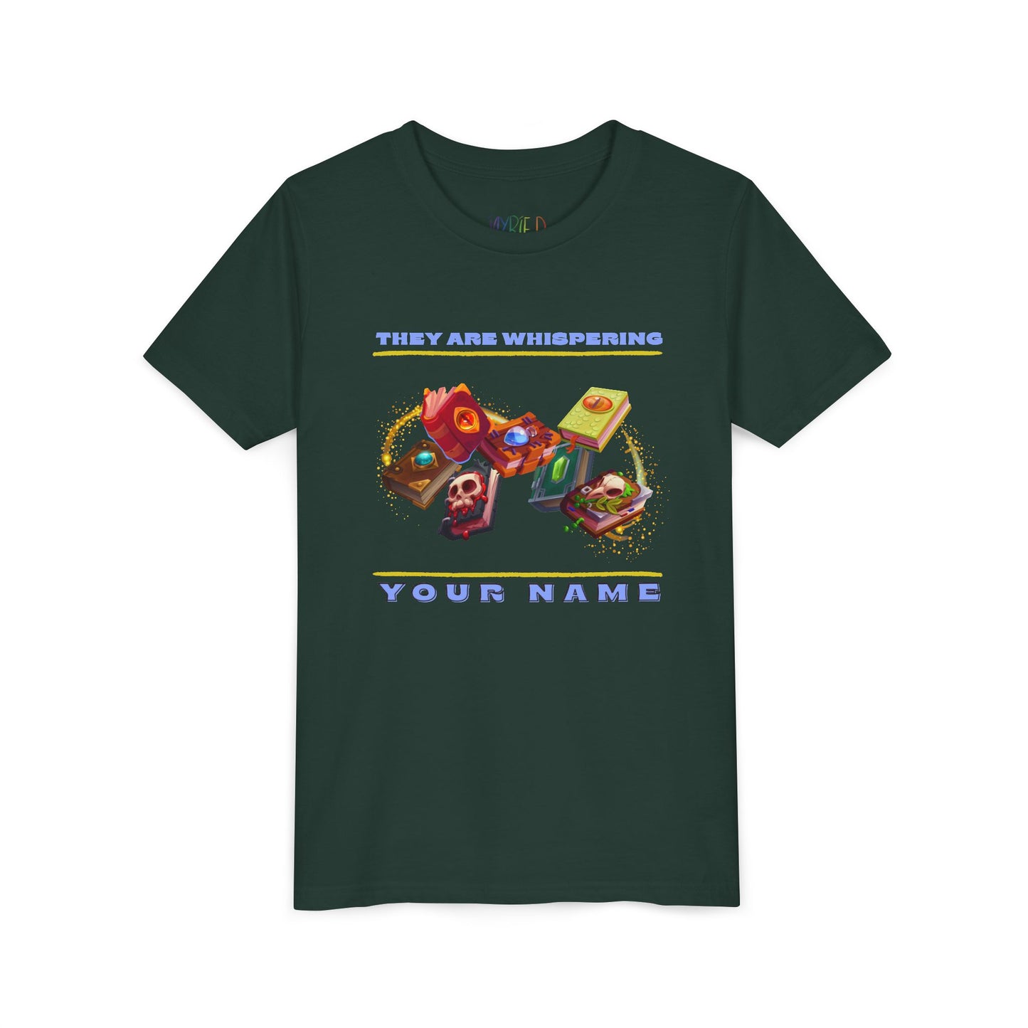 Dark green t-shirt with colorful swirling enchanted book and text 'They Are Whispering Your Name'