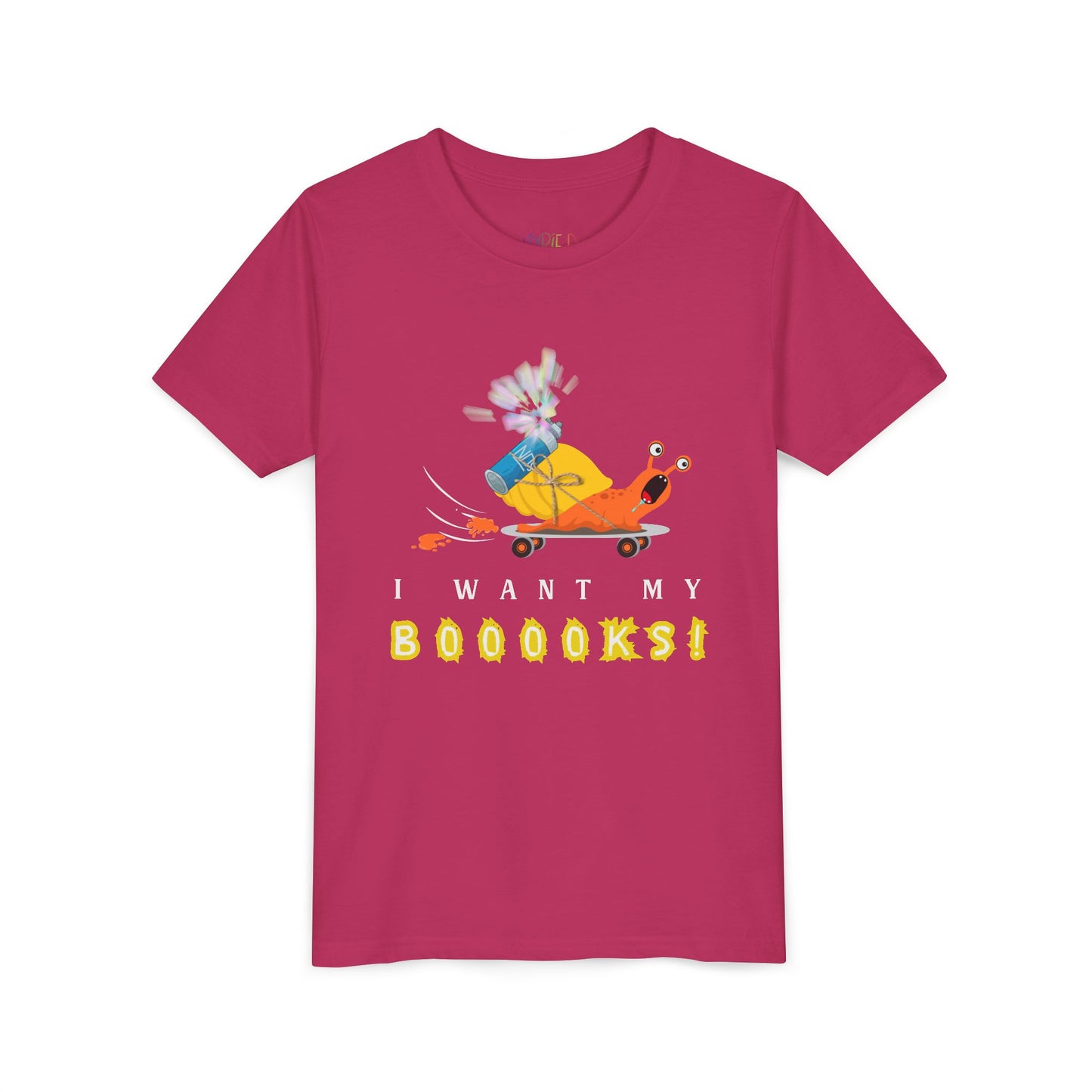 Youth I Want My BOOOOKS! Tee – Snail-Powered Speed Reader Shirt for Kids