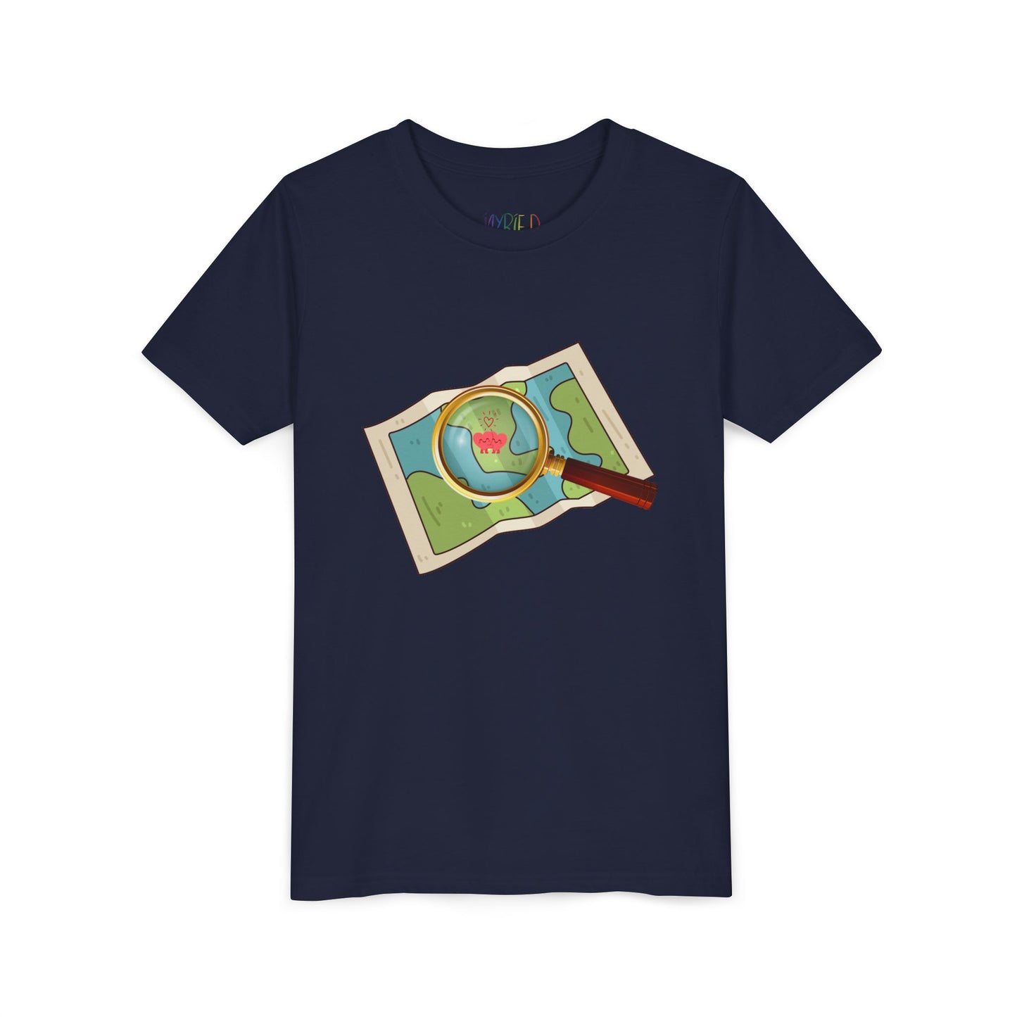 Navy t-shirt with a map and a magnifying glass highlighting two heart characters