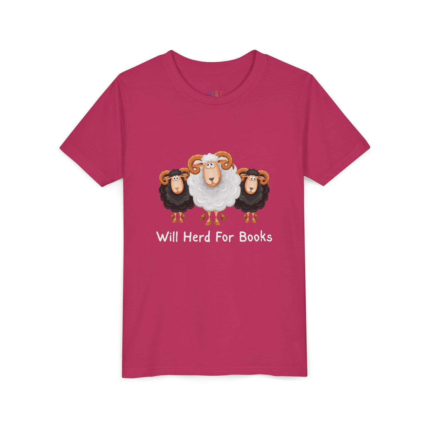 Pink t-shirt with cartoon sheep and text 'Will Herd For Books' 
