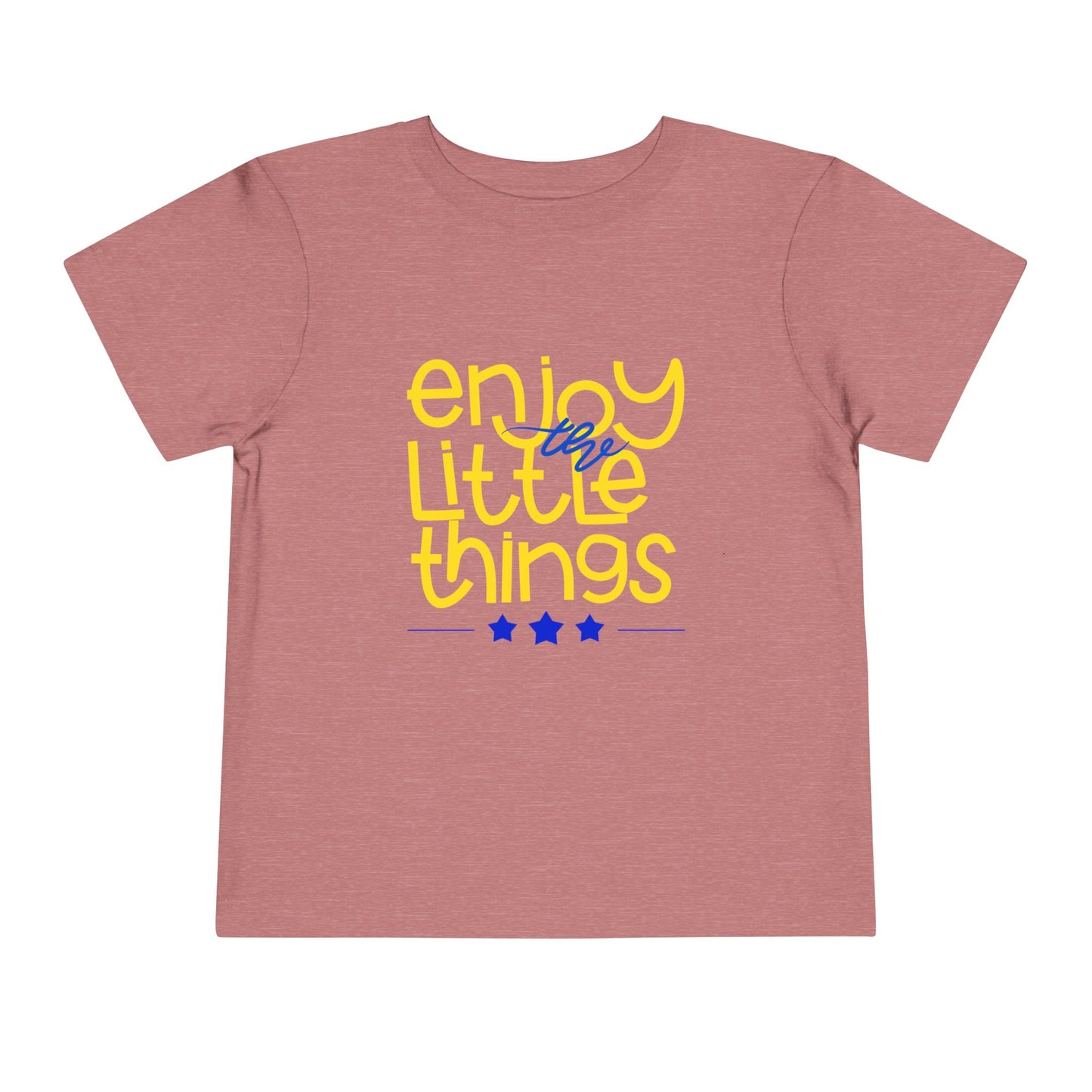 Mauve toddler t-shirt with 'enjoy the little things' text in yellow and blue 