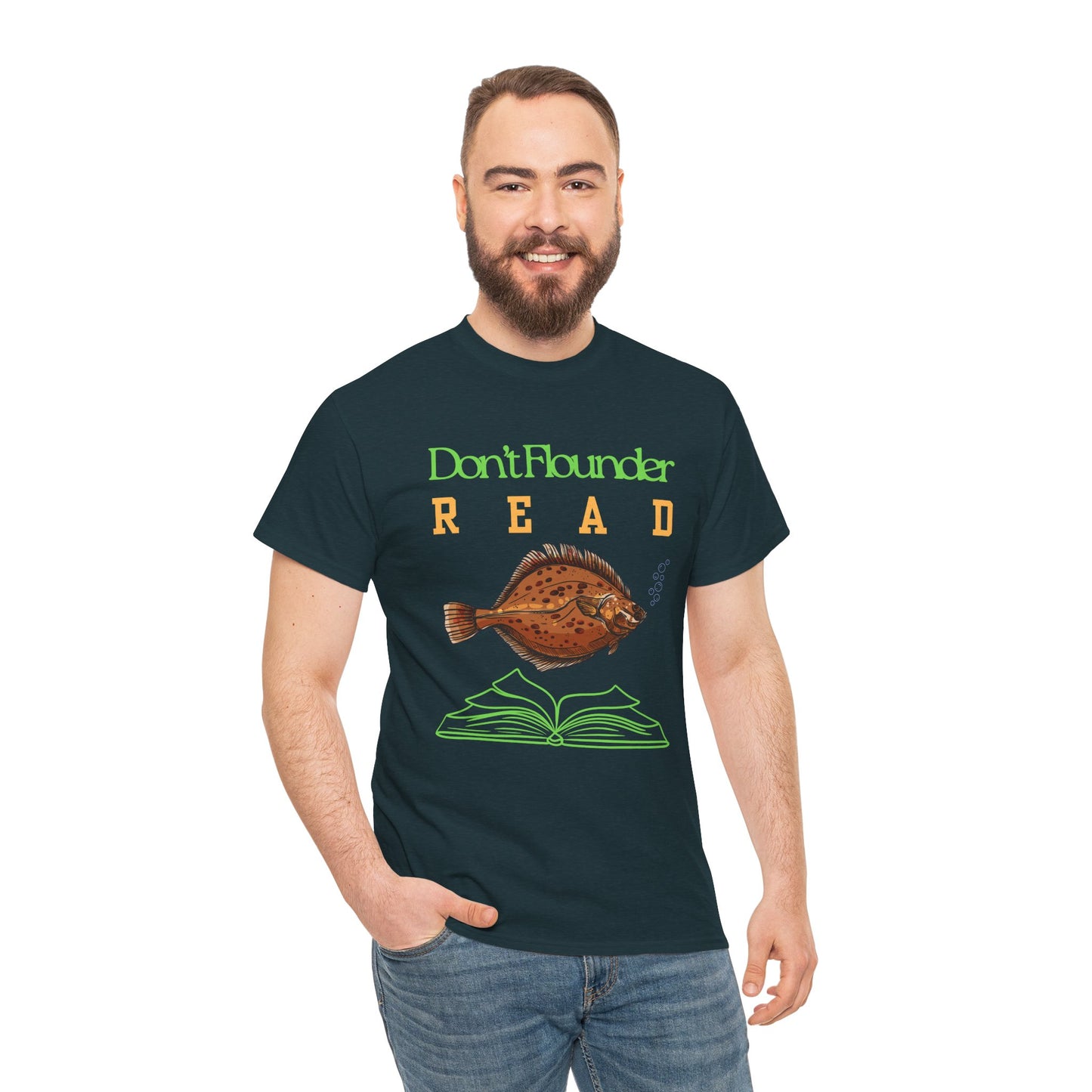 Man wearing a dark green t-shirt with a fish and book graphic and text 'Don't Flounder READ' 