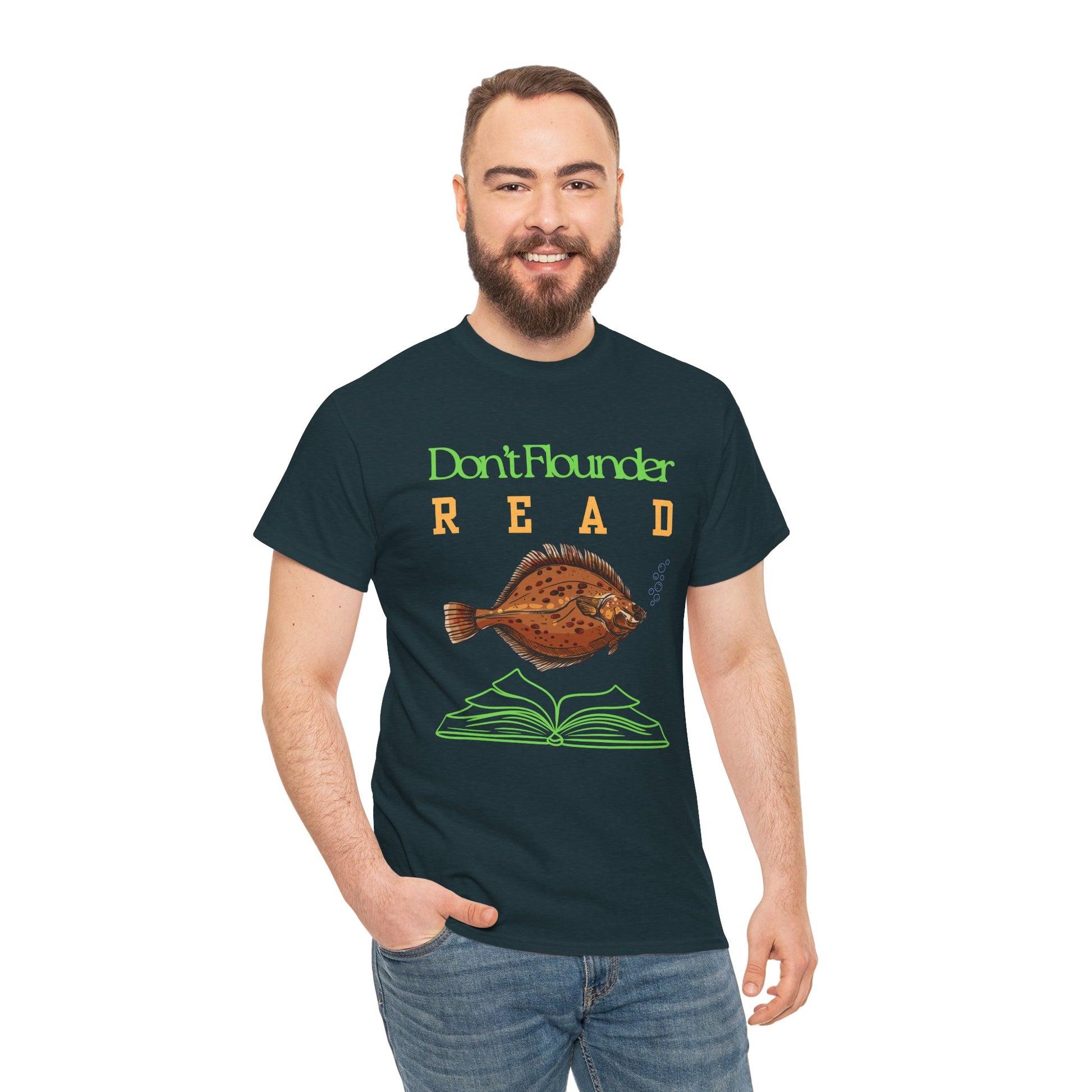 Man wearing a dark green t-shirt with a fish and book graphic and text 'Don't Flounder READ' 