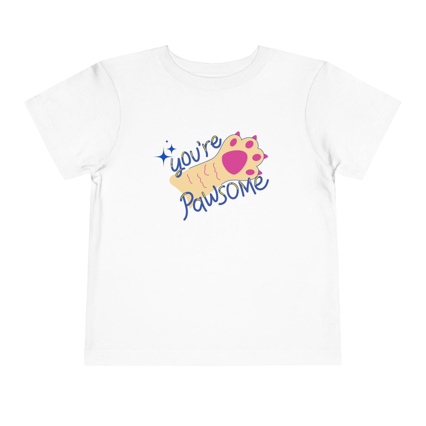 White t-shirt with 'you're pawsome' text and paw print design