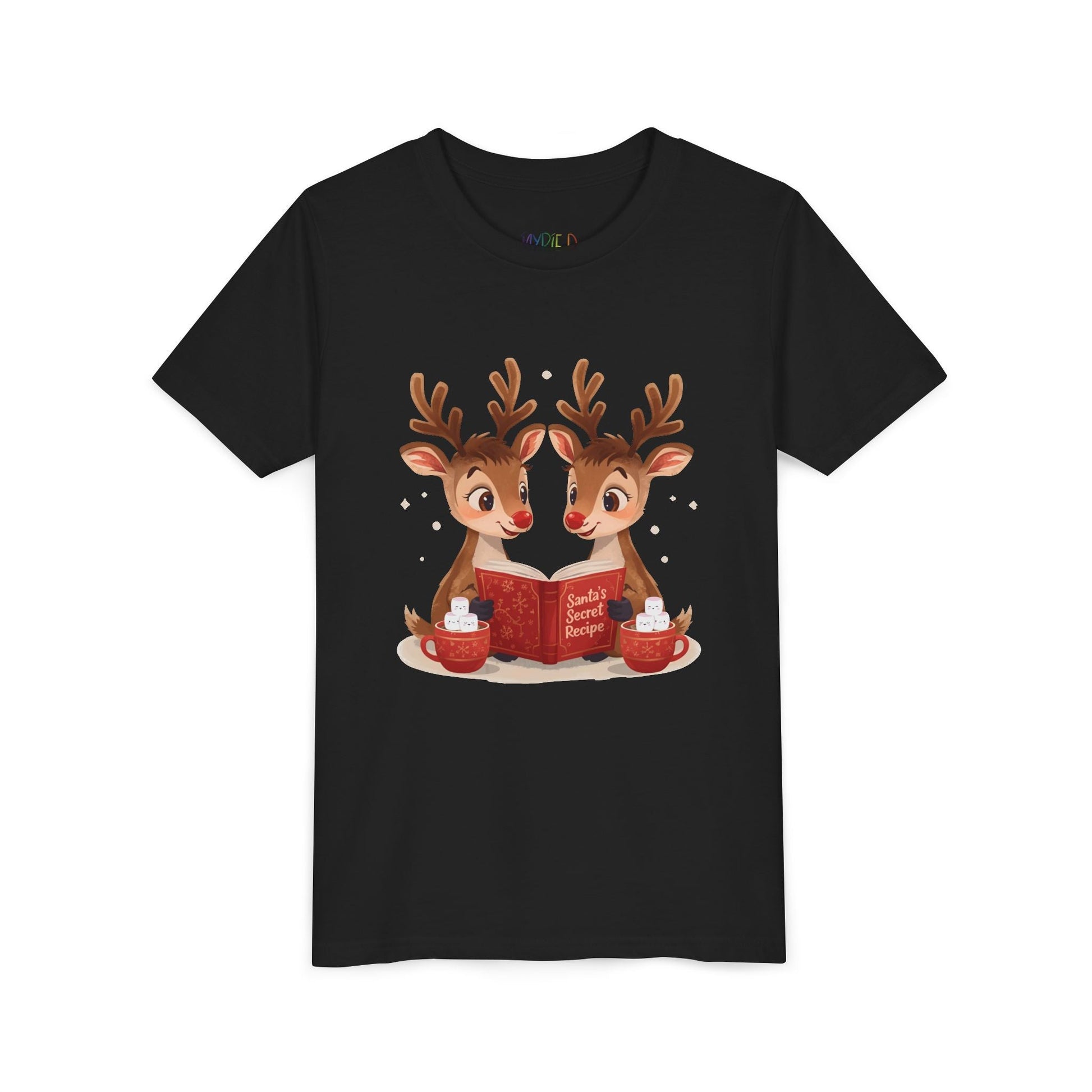 Youth Santaâ€™s Secret Recipes T-Shirt â€“ Cute Reindeer Reading Design Printify