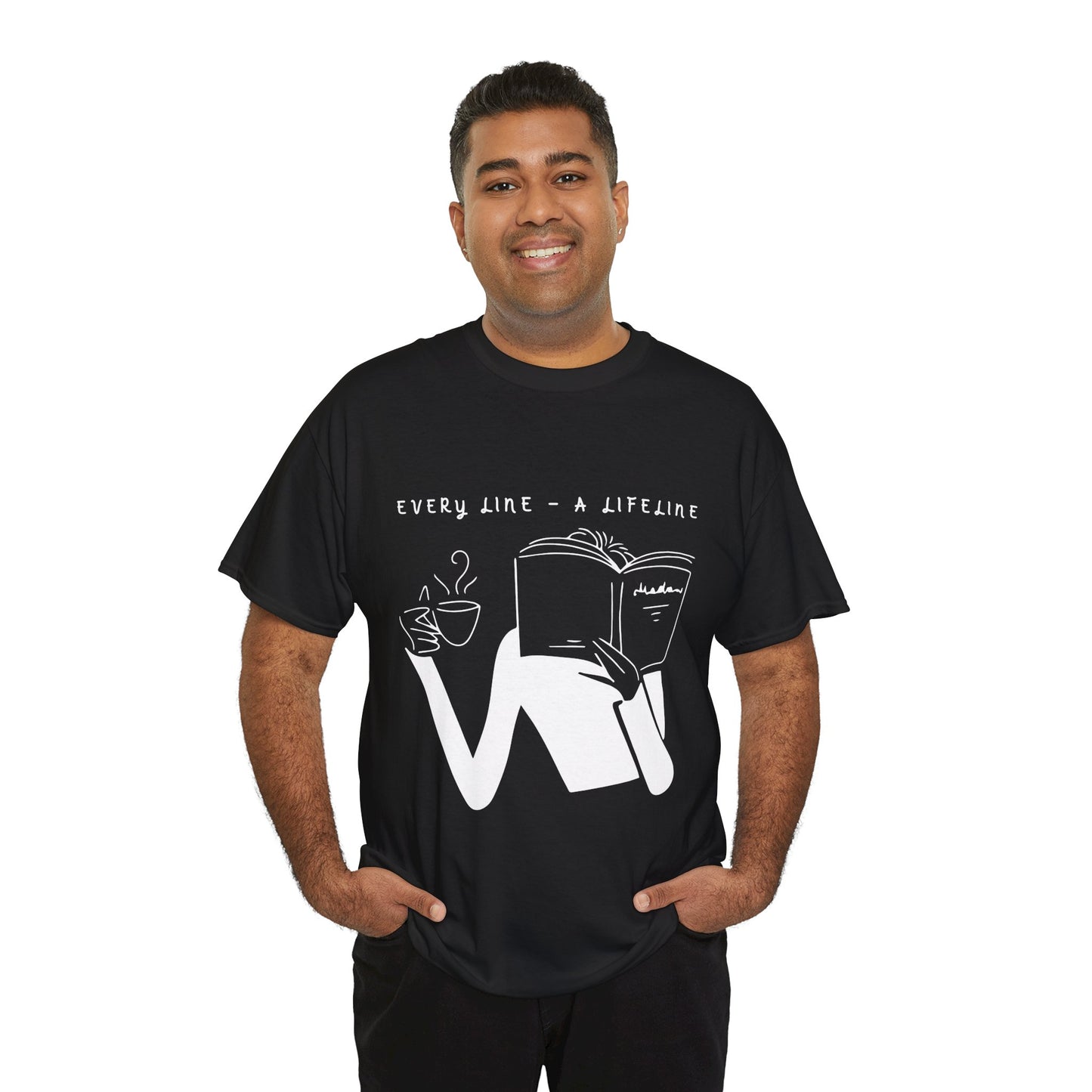 Man wearing a black t-shirt with white graphics of someone holding up a hot beverage and a book as they read, text 'Every Line - A Lifeline' 