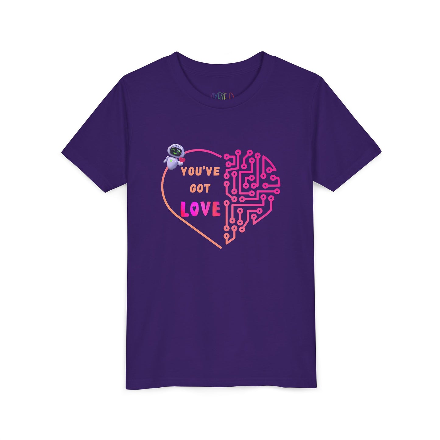 Purple t-shirt with a heart-shaped design with computer connections, a robot holding a heart and text 'You've Got Love'