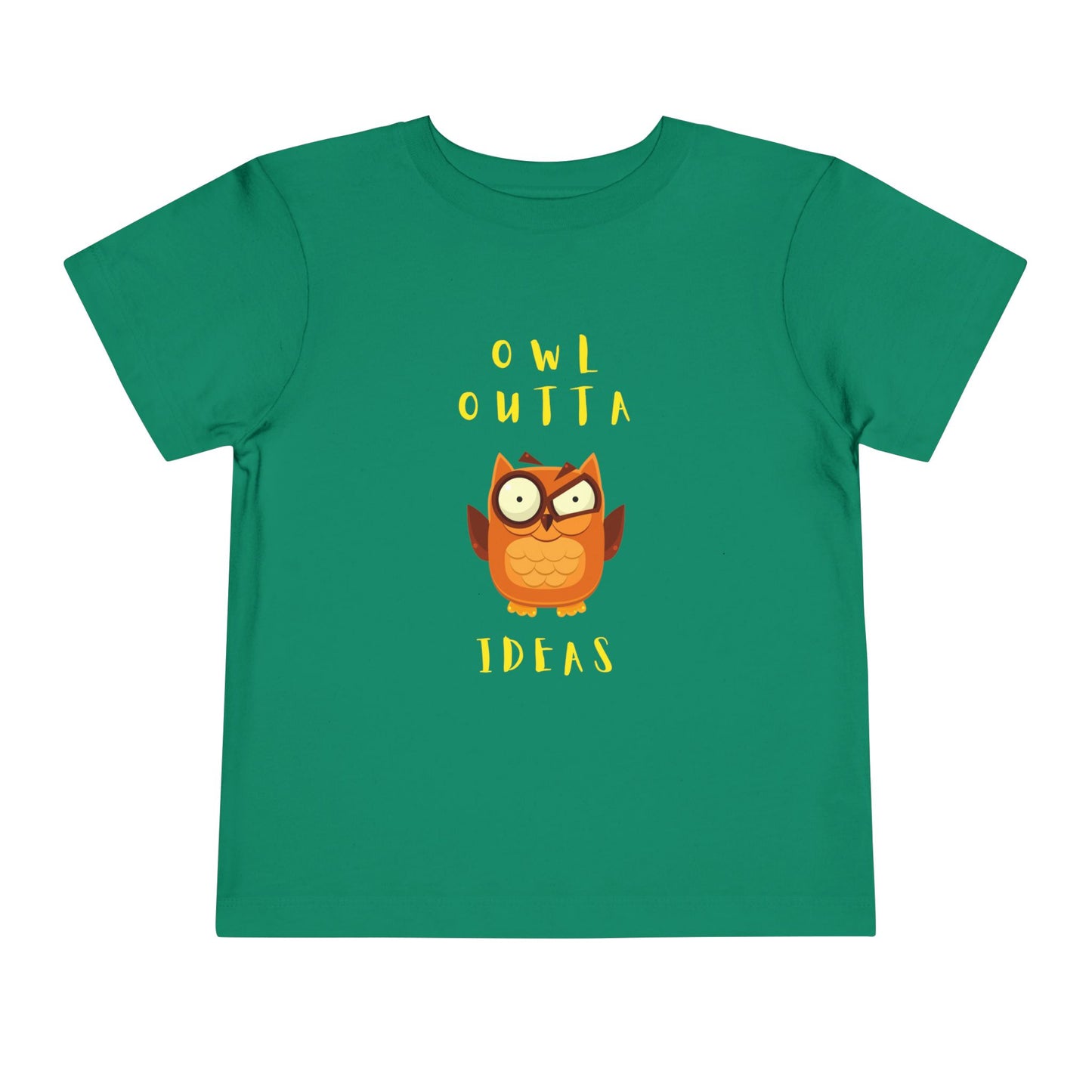 Green t-shirt with an flustered owl graphic and text 'Owl Outta Ideas'