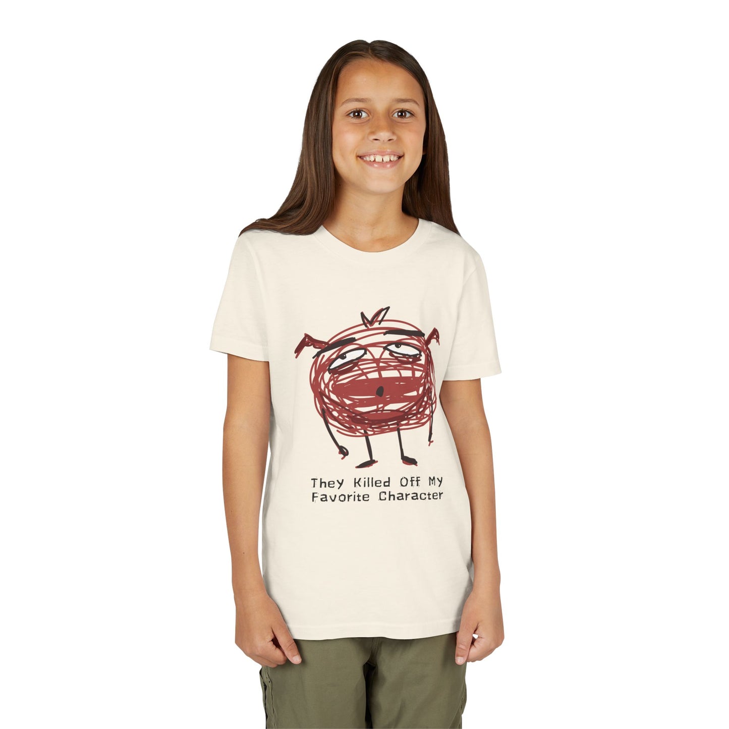 Girl wearing a beige t-shirt with a red scribbled character and text 'they killed off my favorite character'