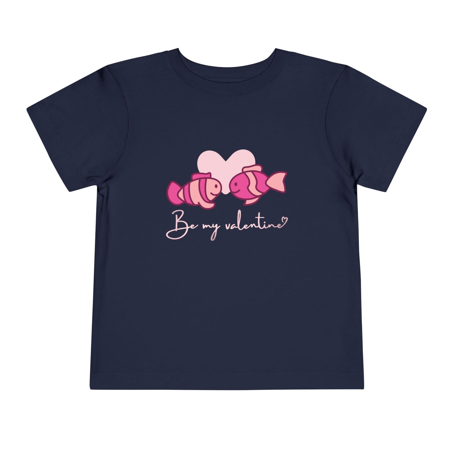Navy blue toddler t-shirt with two pink fish, a heart and 'Be My Valentine' text 