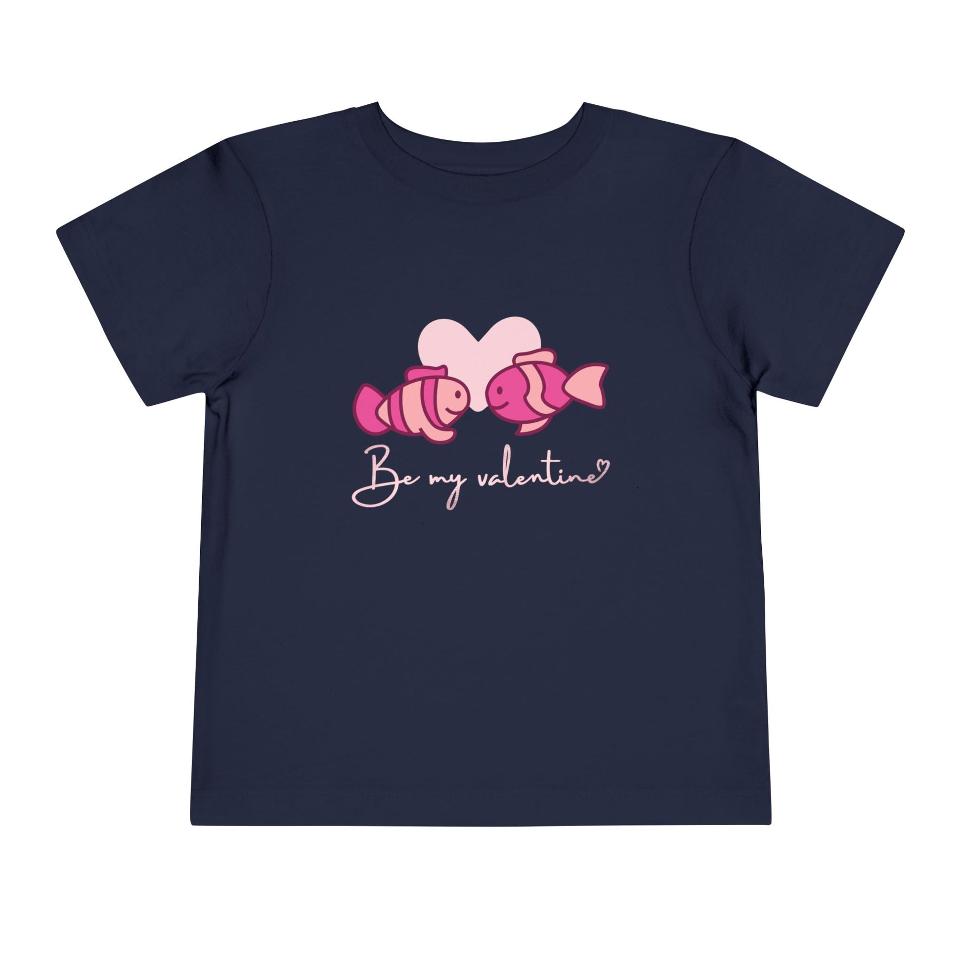 Navy blue toddler t-shirt with two pink fish, a heart and 'Be My Valentine' text 