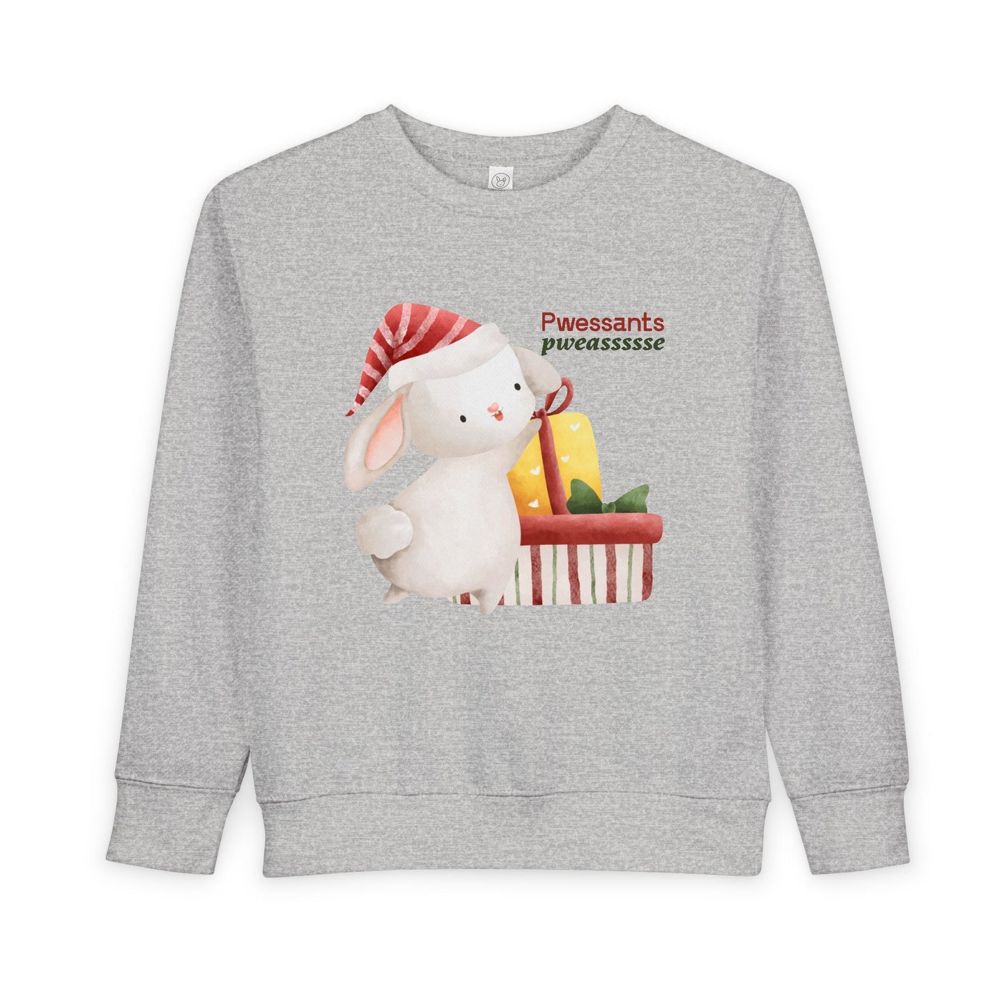Light gray toddler sweatshirt with a cartoon bunny wearing a Christmas Hat and reaching for presents, text 'Pwessants Pweassssse'