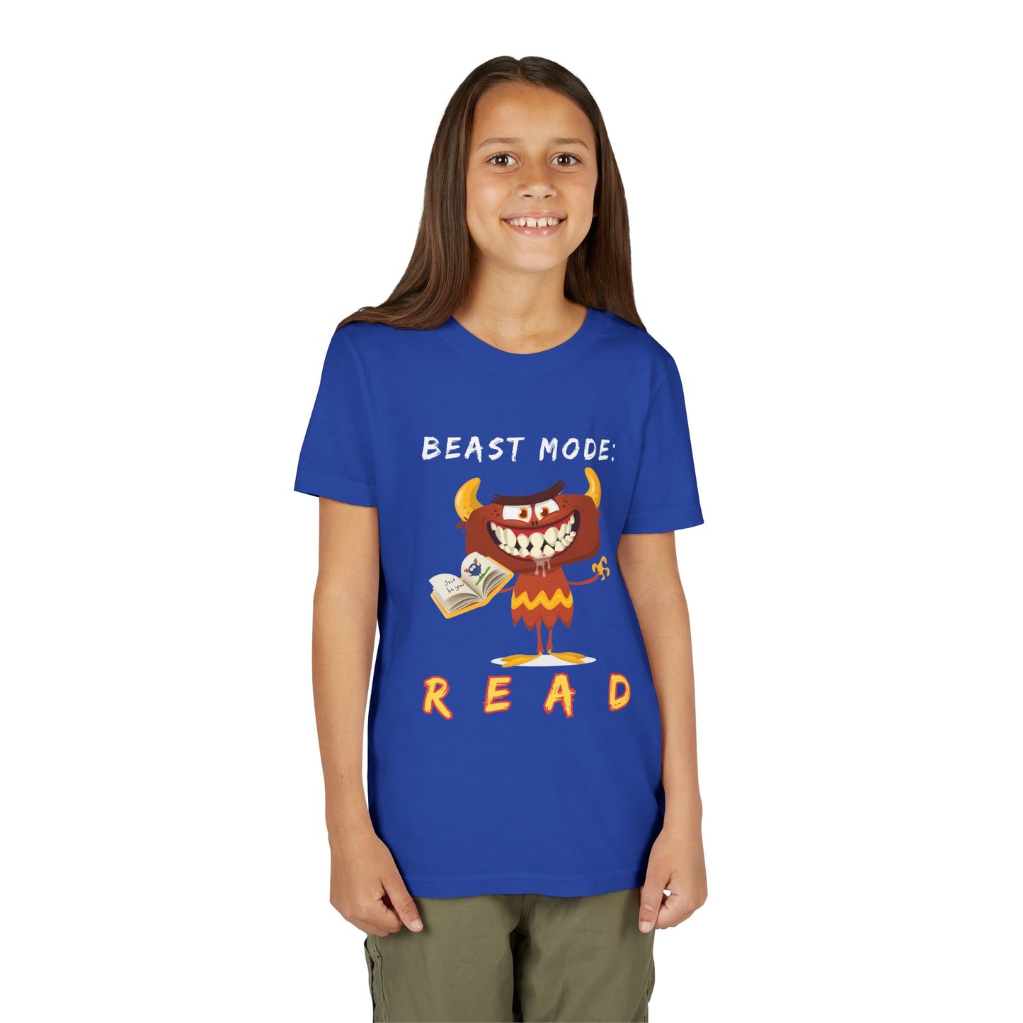 Girl wearing a blue t-shirt with a toothy, drooling, cartoon monster holding an open book and 'BEAST MODE: READ' text