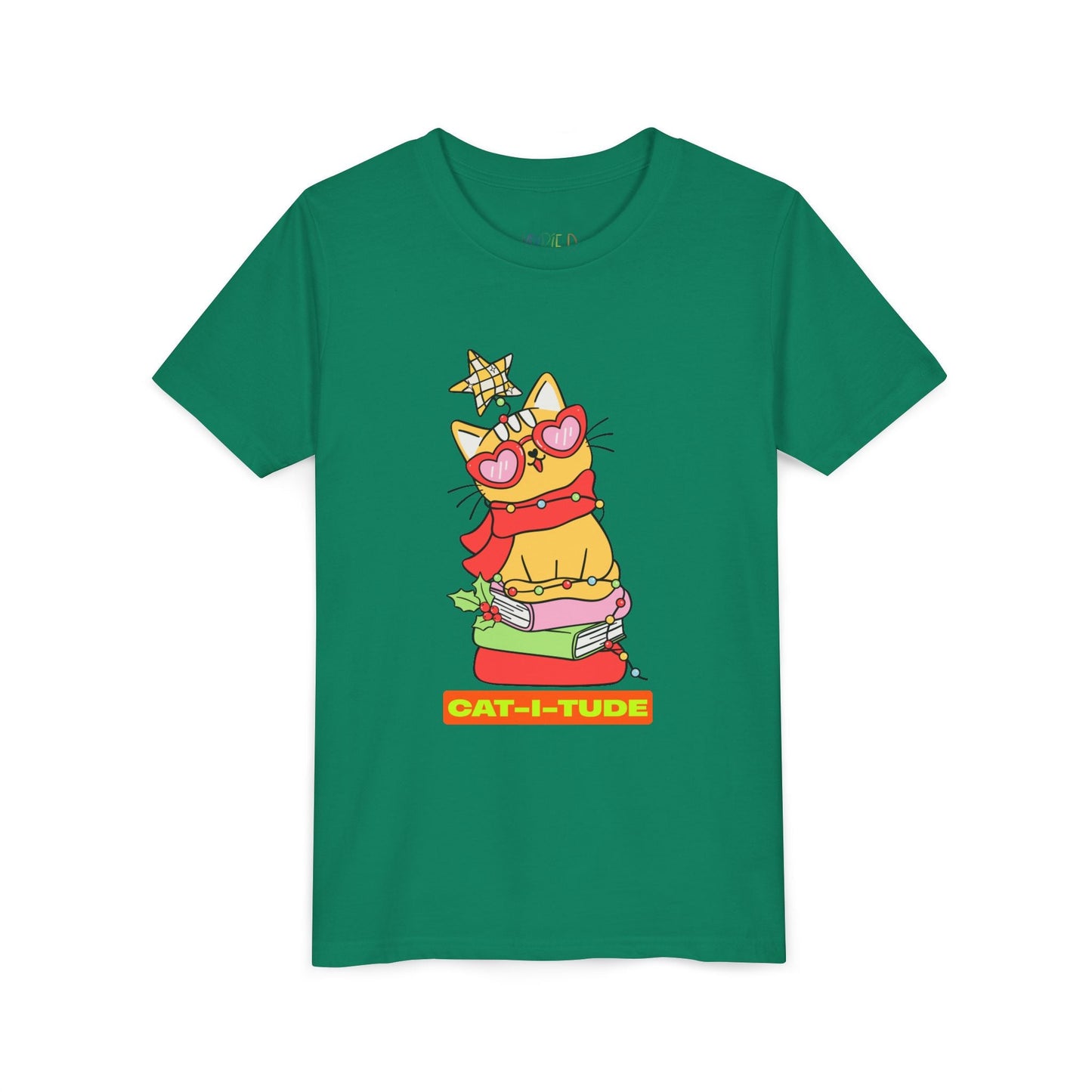 Youth Cat-I-Tude T-Shirt â€“ Holiday Cat Reading Design Printify
