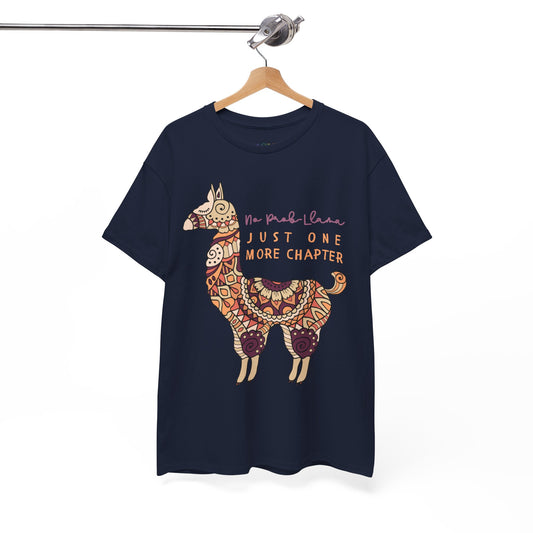 Navy blue t-shirt with a decorative llama graphic and text 'No Prob Llama, Just One More Chapter'