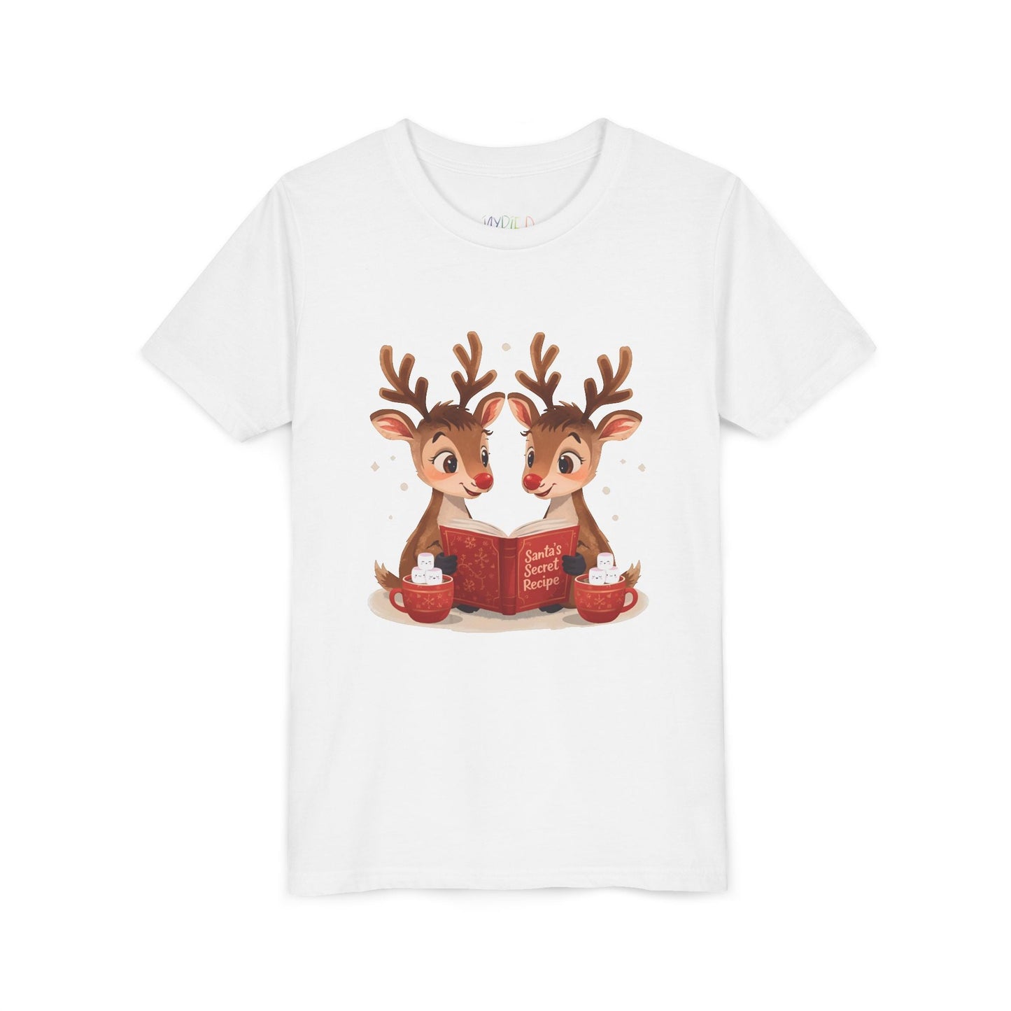Youth Santaâ€™s Secret Recipes T-Shirt â€“ Cute Reindeer Reading Design Printify