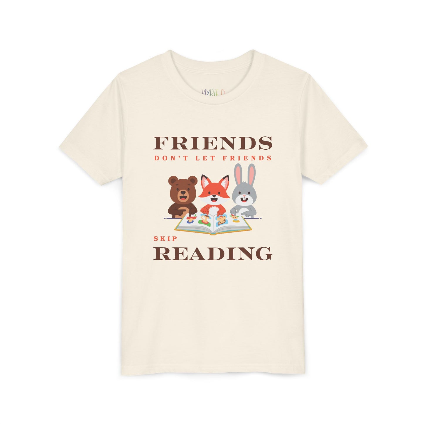 Beige t-shirt with cartoon animals reading a book and text 'Friends don't let friends skip reading' 