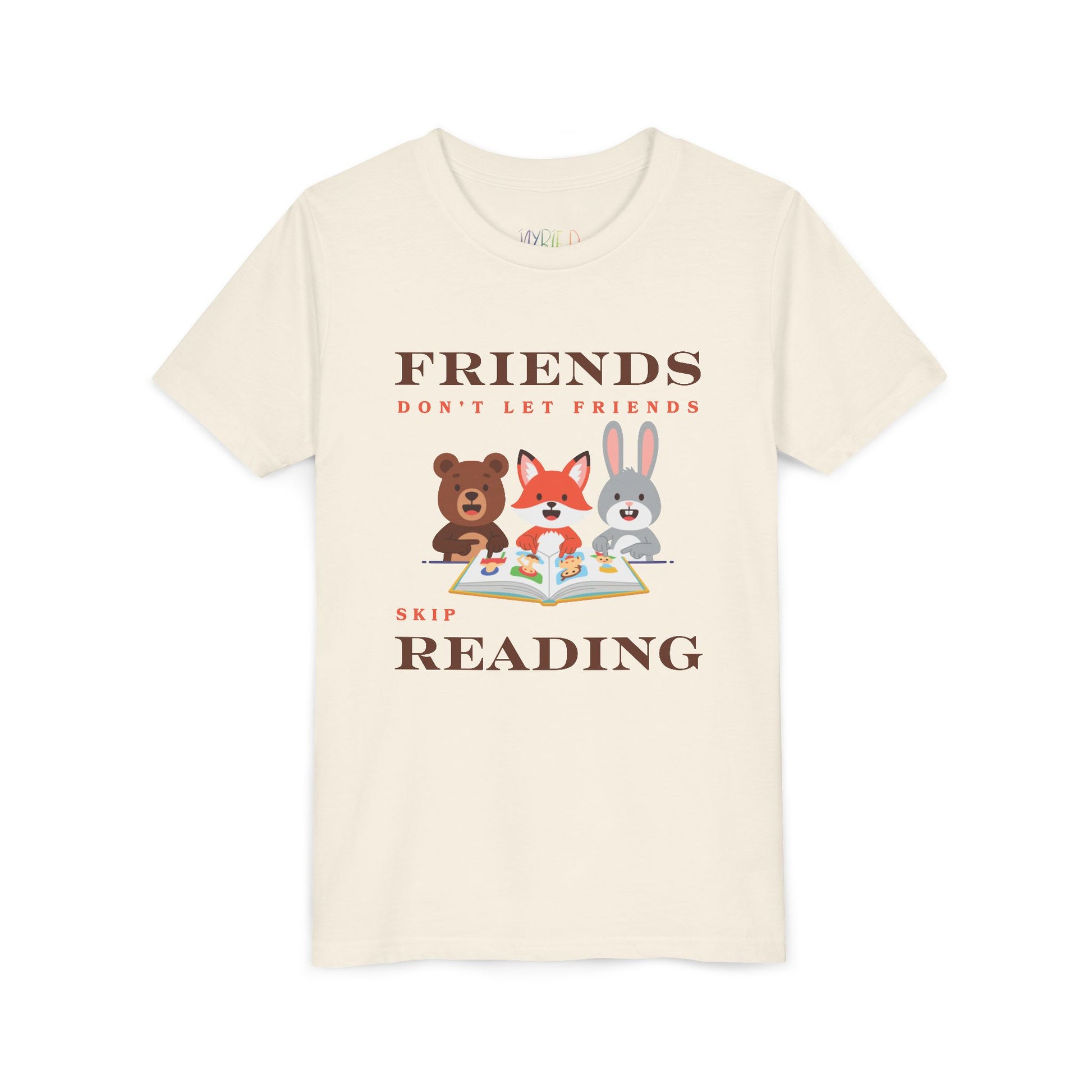 Beige t-shirt with cartoon animals reading a book and text 'Friends don't let friends skip reading' 