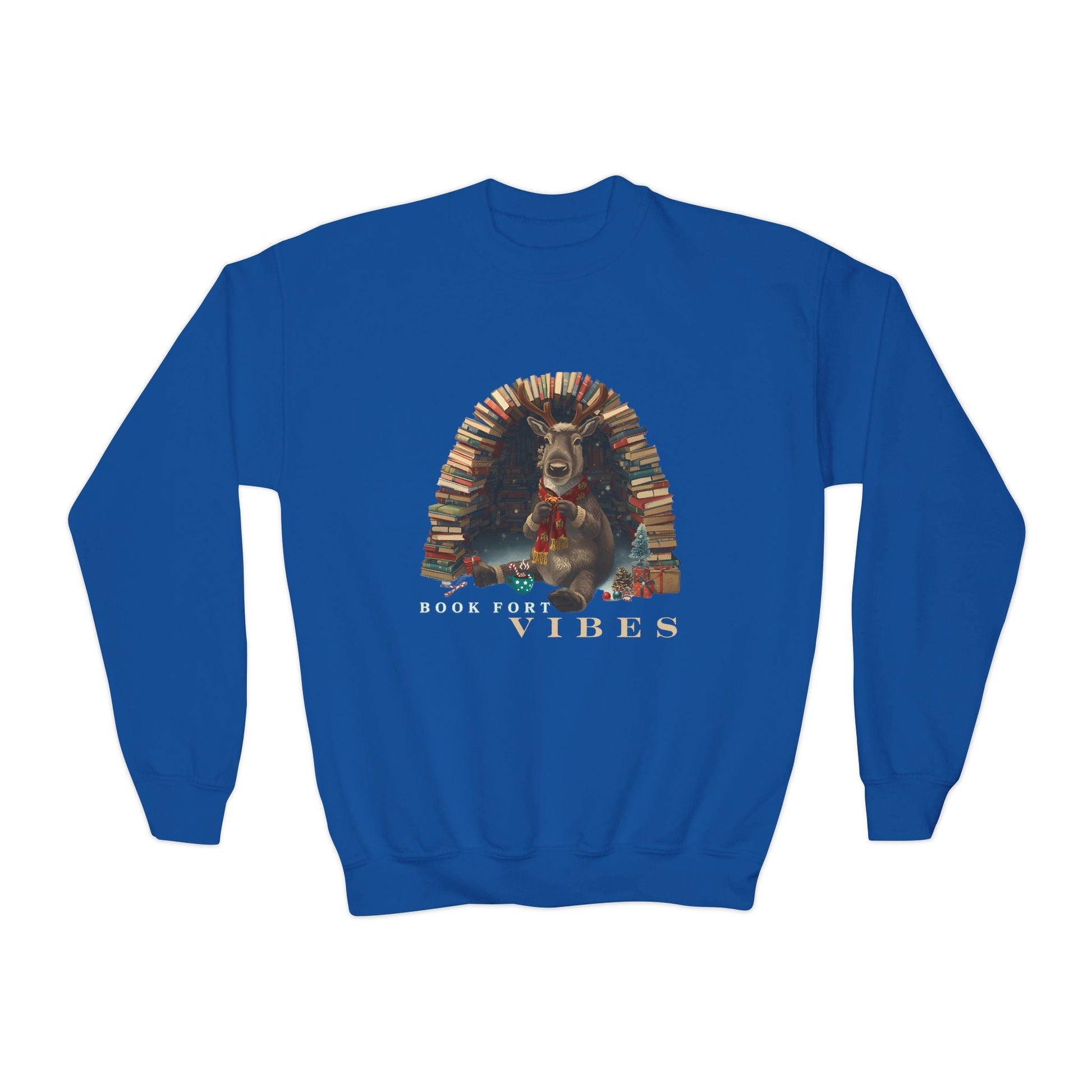 Youth Book Fort Vibes Sweatshirt â€“ Cozy Reindeer Reading Nook Design Printify