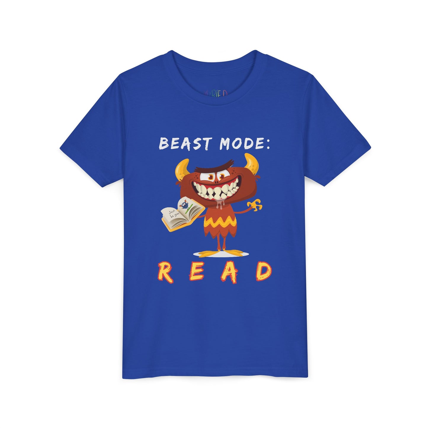 Blue t-shirt with a toothy, drooling, cartoon monster holding an open book and 'BEAST MODE: READ' text