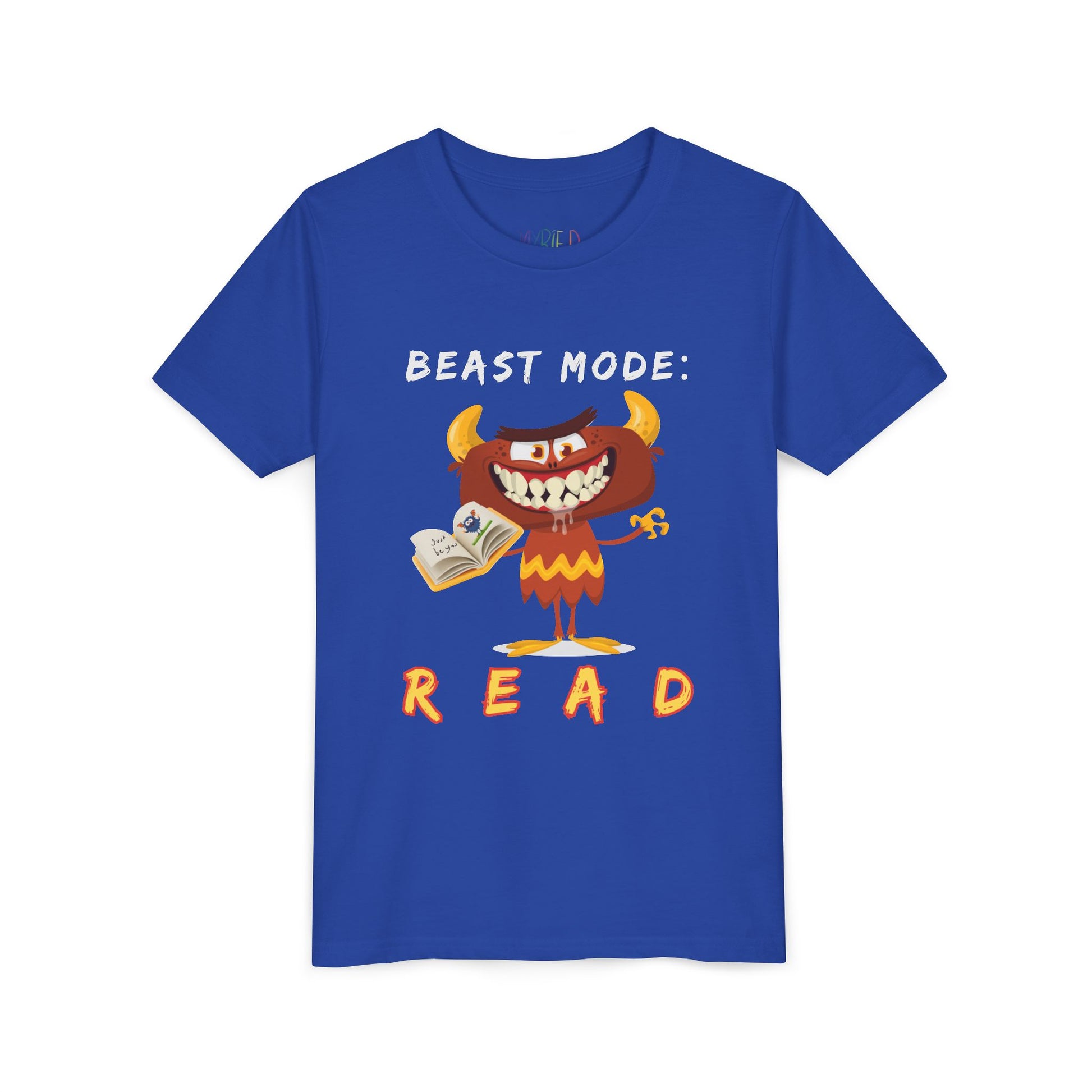 Blue t-shirt with a toothy, drooling, cartoon monster holding an open book and 'BEAST MODE: READ' text