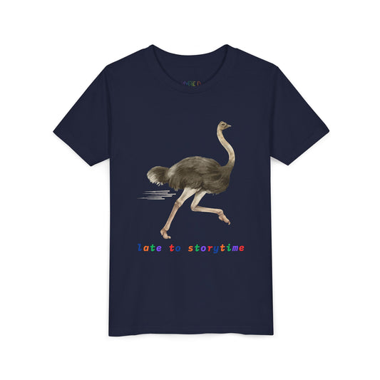 Youth Late to Storytime Tee – Funny Ostrich Shirt for Bookish Speedsters