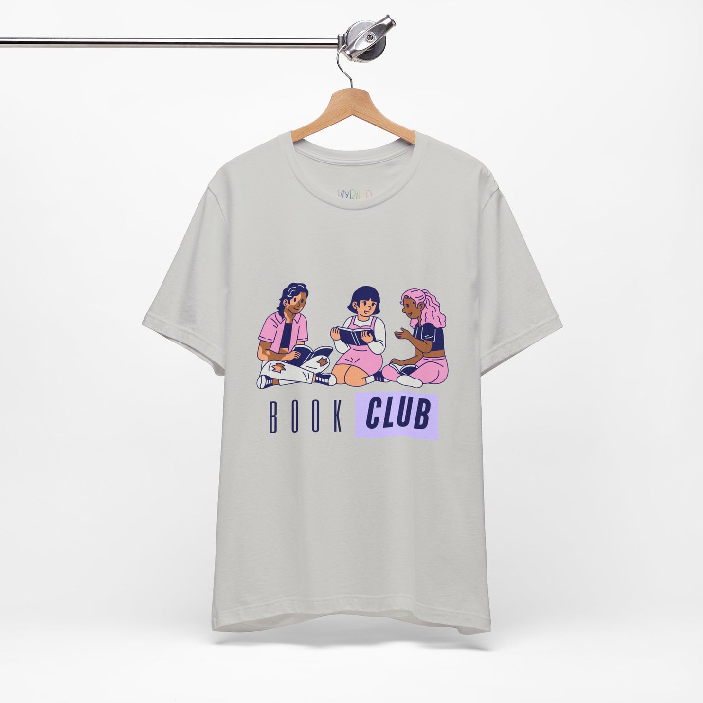 Light gray t-shirt with three diverse people and text 'Book Club' 