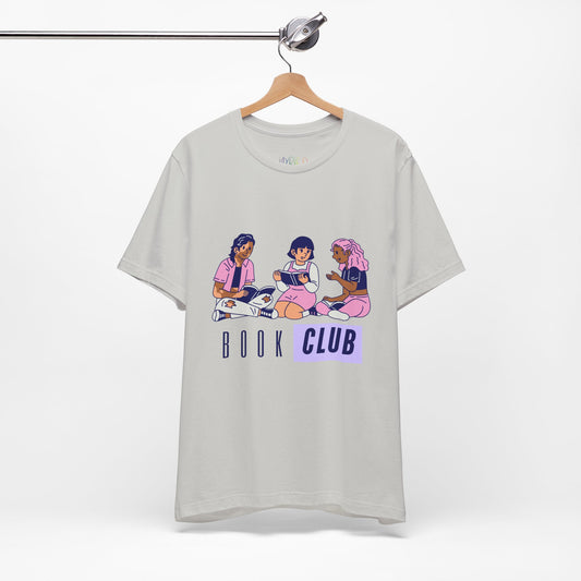 Light gray t-shirt with three diverse people and text 'Book Club' 