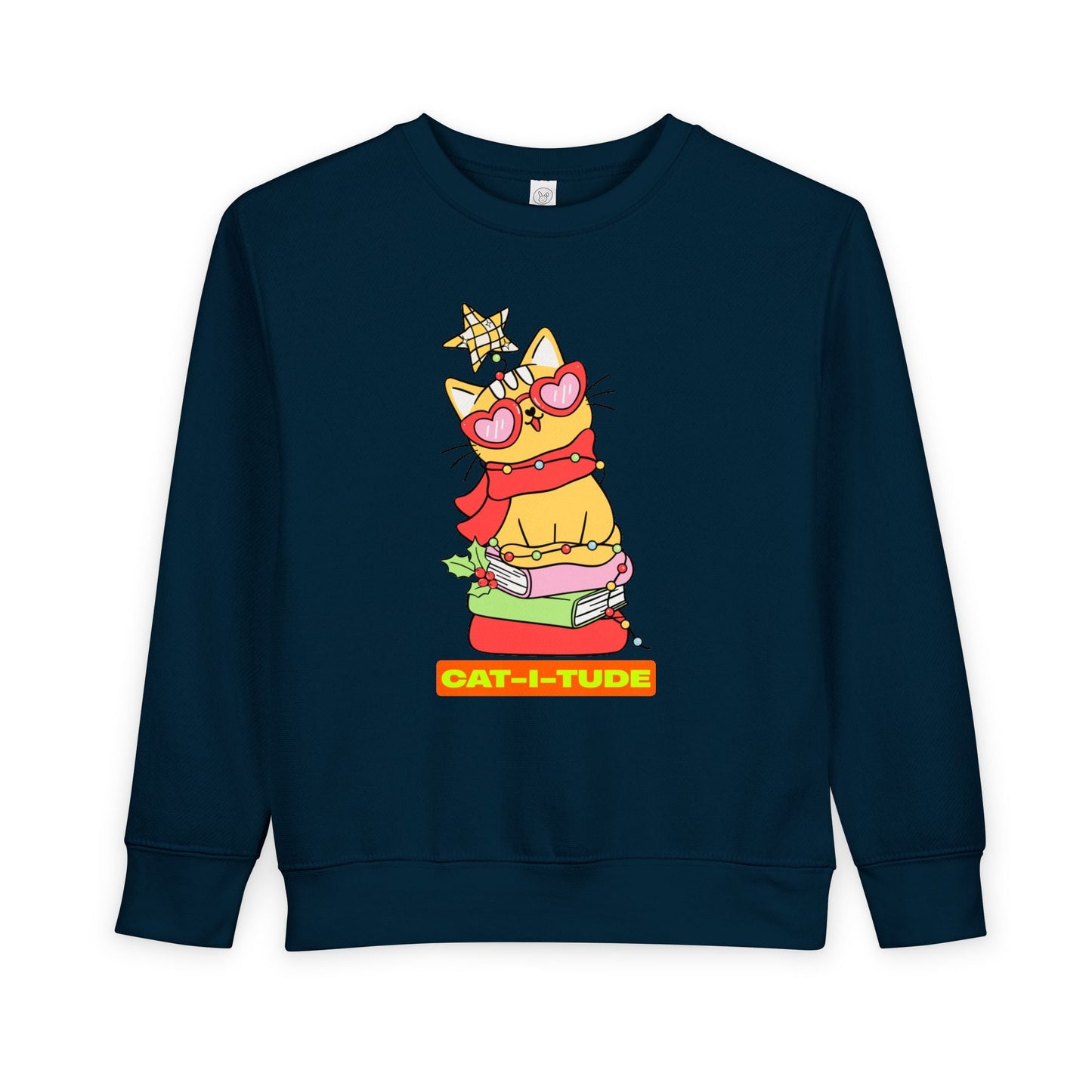 Navy toddler sweatshirt with a cat graphic and 'CAT-I-TUDE' text on a white background