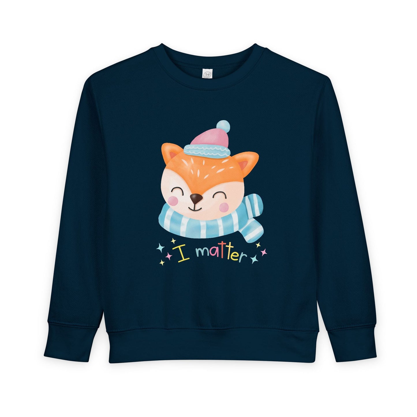 Navy toddler sweatshirt with a cartoon fox wearing a hat and scarf on a white background, text 'I Matter'