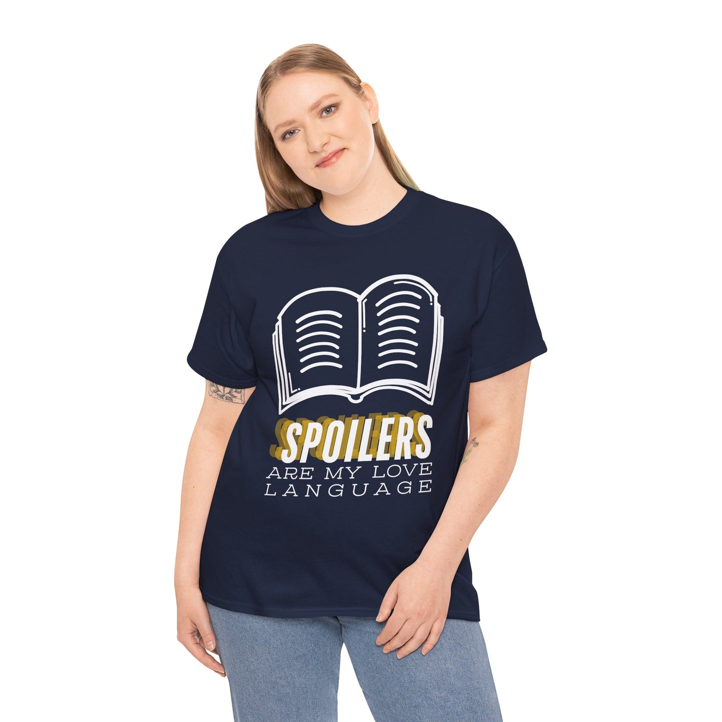 Woman wearing a navy blue t-shirt with a white book graphic and text 'SPOILERS are my love language'