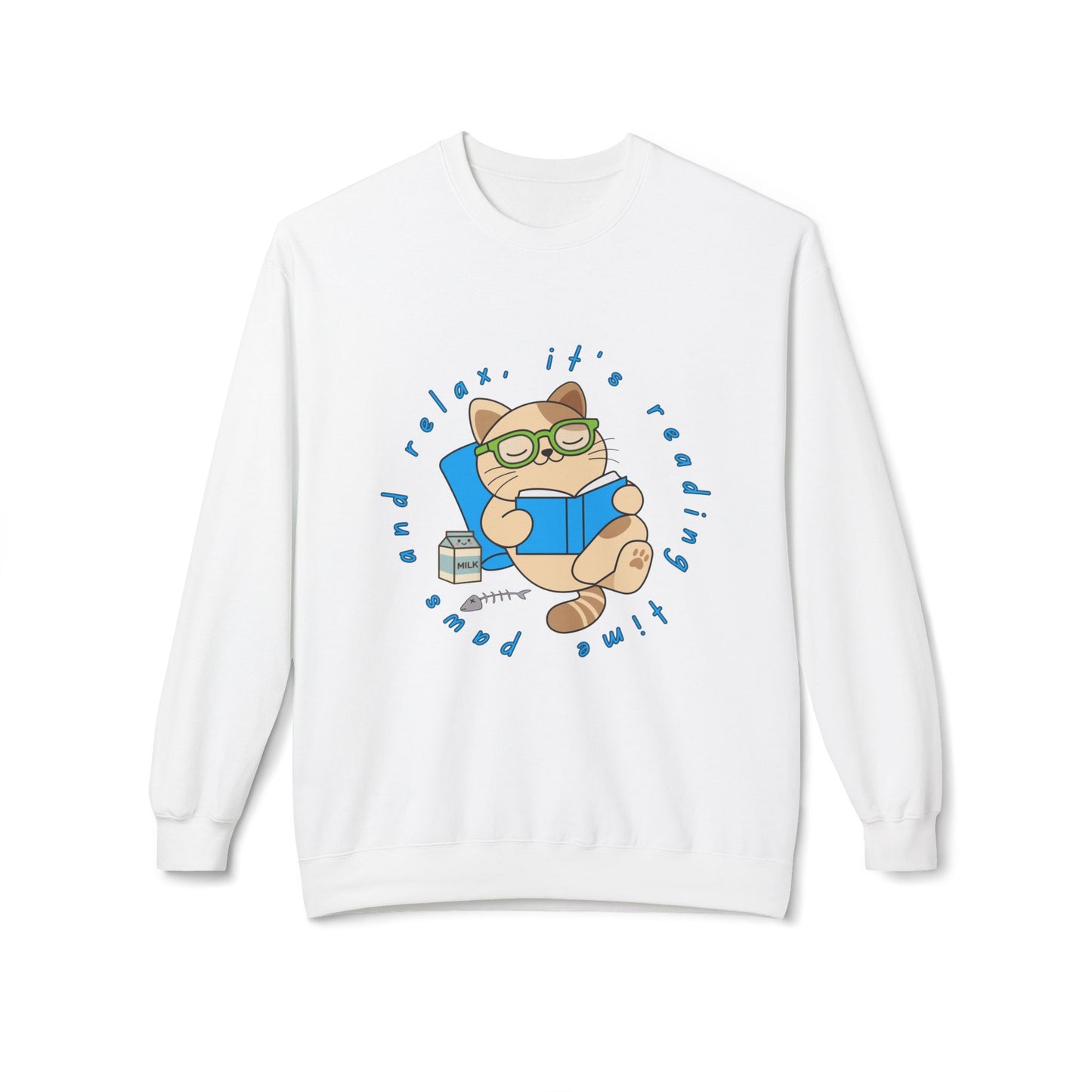 White sweatshirt with a cat reading a book graphic and text 'Paws and relax, it's reading time'