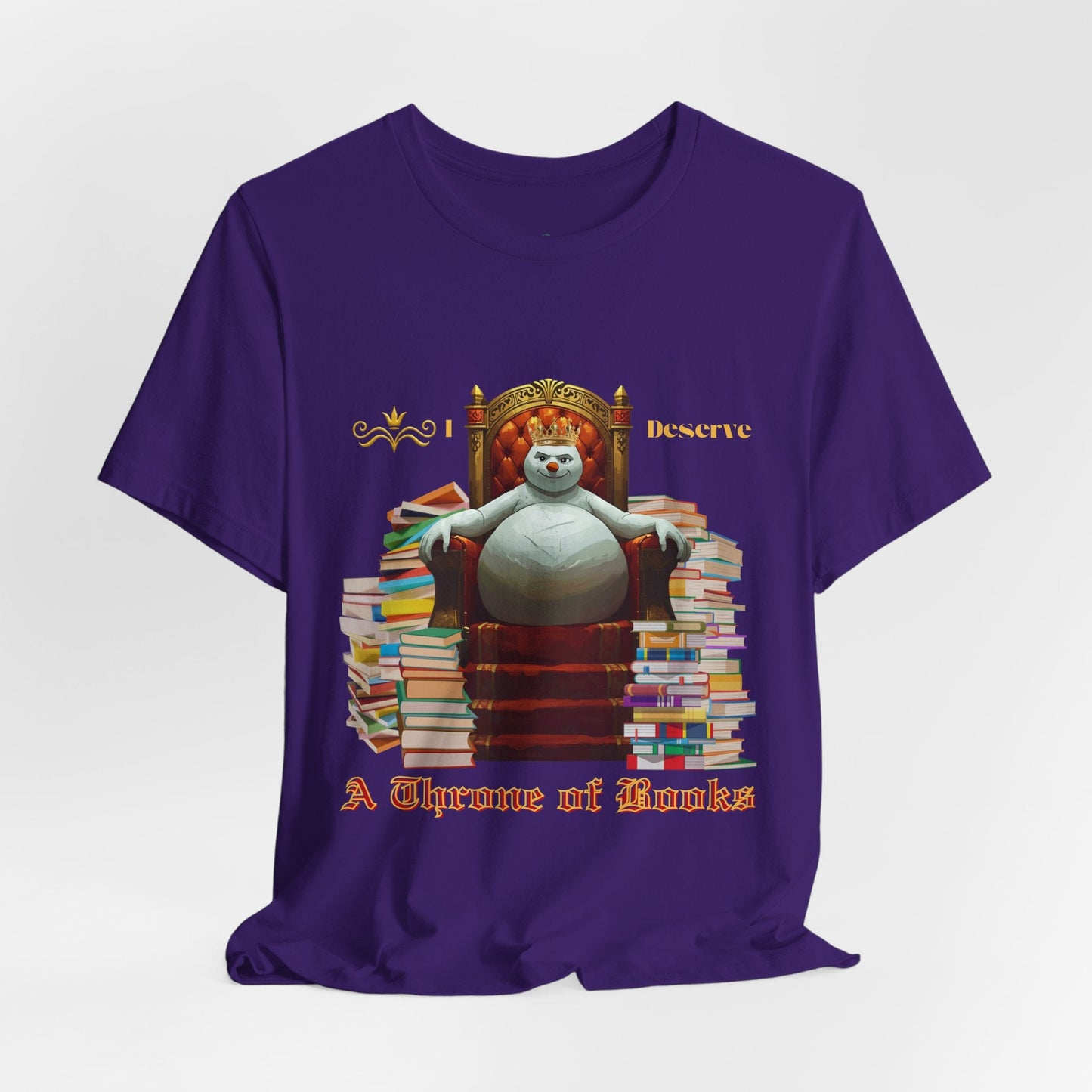 Teen/Adult Unisex A Throne of Books T-Shirt â€“ Snowman Holiday Reading Design Printify